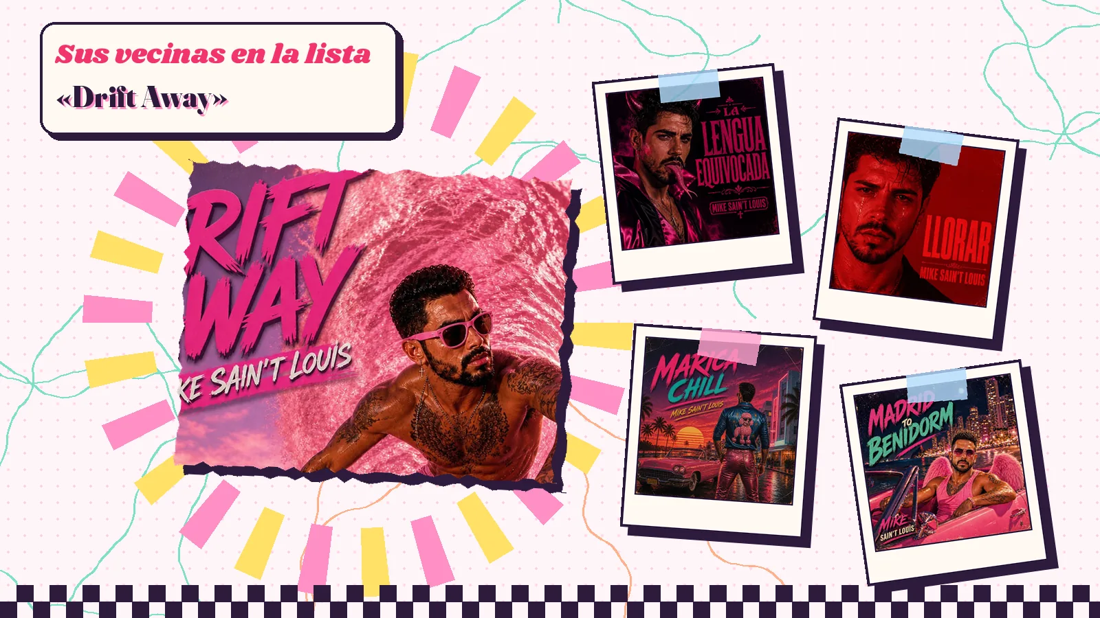 Collage with a detail of the «Drift Away» cover art and the covers of «La lengua equivocada», «Llorar», «Marica Chill» and «Madrid to Benidorm»