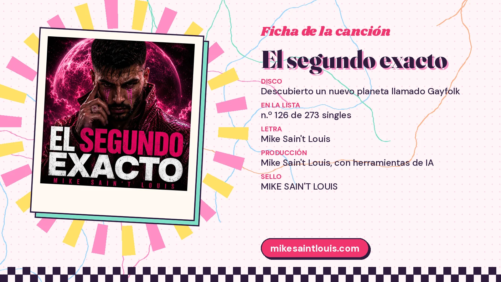 Ficha de la canción «El segundo exacto» con su carátula: disco «Descubierto un nuevo planeta llamado Gayfolk», letra y producción de Mike Sain't Louis