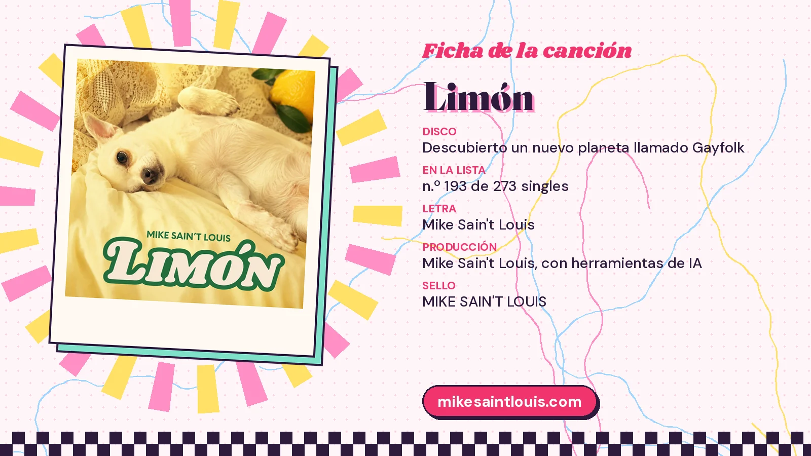 Ficha de la canción «Limón» con su carátula: disco «Descubierto un nuevo planeta llamado Gayfolk», letra y producción de Mike Sain't Louis
