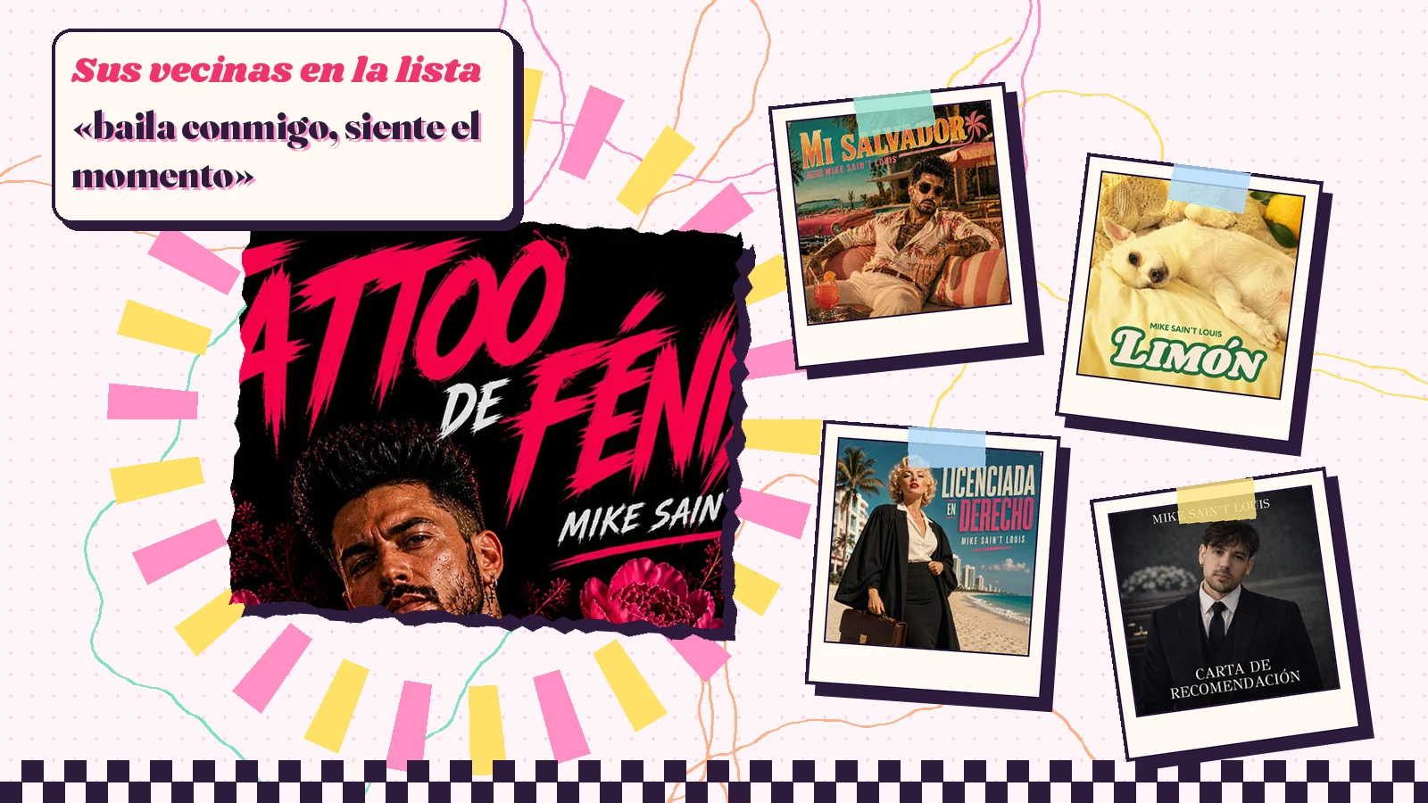 Collage with a detail of the «Tattoo de fénix» cover art and the covers of «Mi salvador», «Limón», «Licenciada en derecho» and «Carta de recomendación»