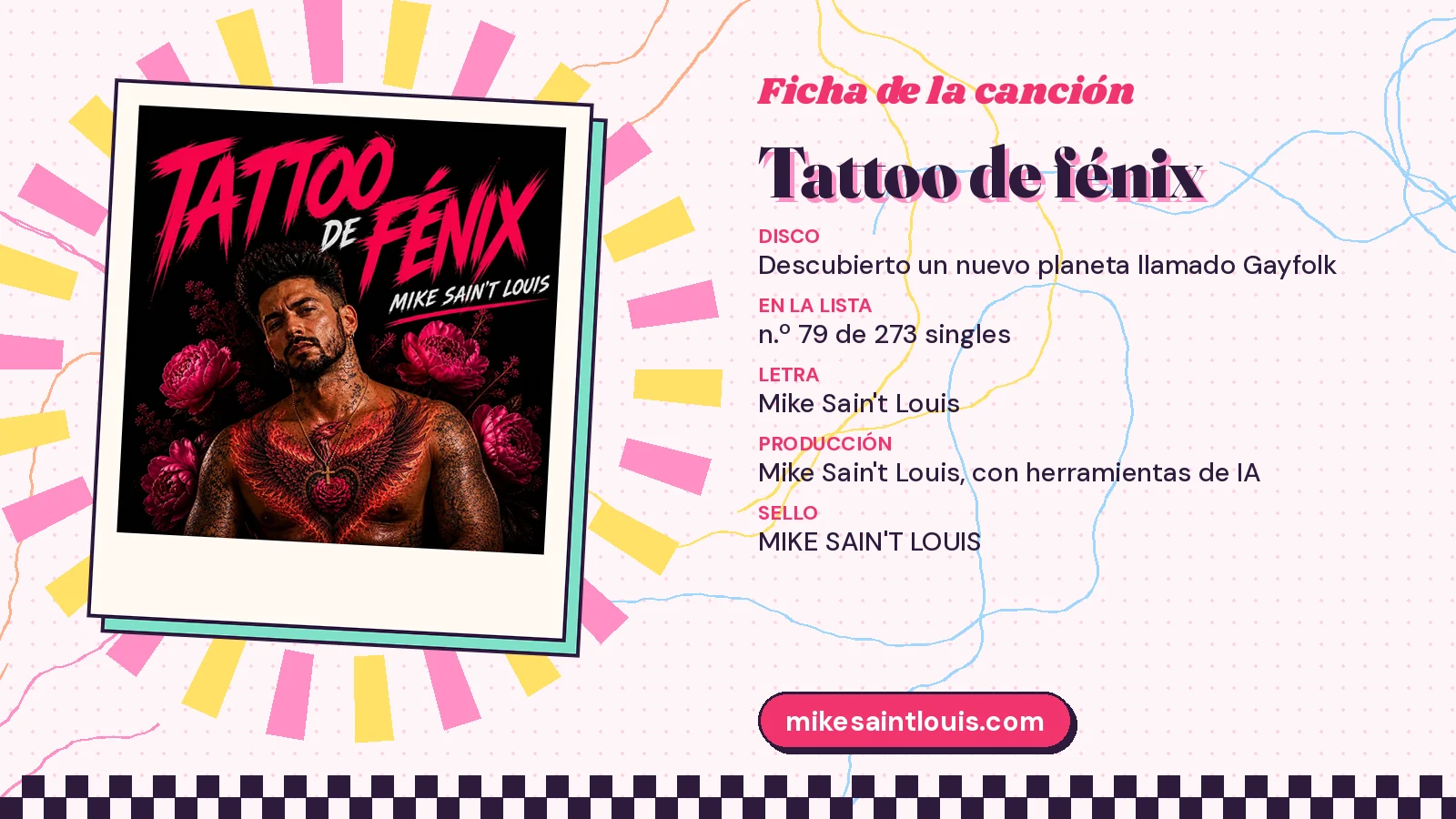 Song card for «Tattoo de fénix» with its cover art: from the album «Descubierto un nuevo planeta llamado Gayfolk», lyrics and production by Mike Sain't Louis