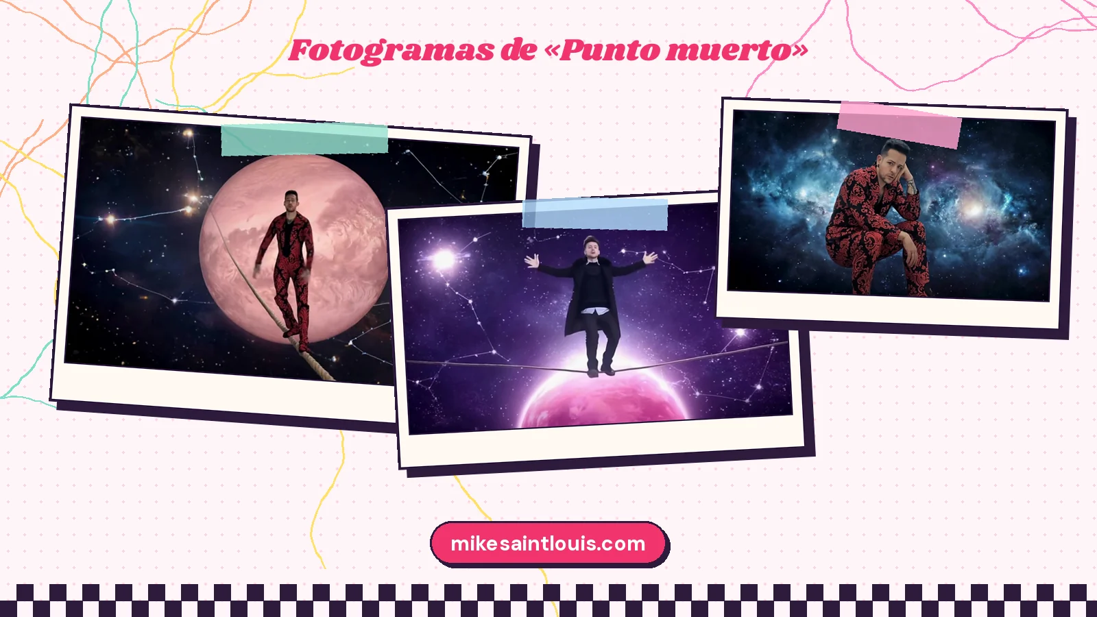 Tres fotogramas del clip de «Punto muerto»: el traje rojo sobre la cuerda ante la luna rosa, el abrigo negro con los brazos abiertos encima del planeta y el hombre sentado en el aire