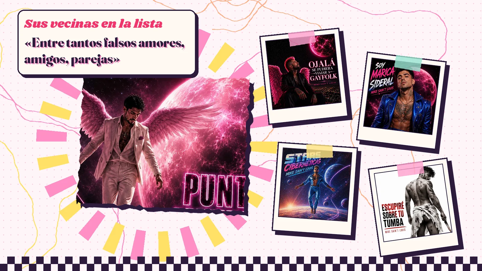 La portada alada de «Punto muerto» rodeada por las de «Ojalá se pudiera viajar a Gayfolk», «Soy marica sideral», «Stars cibernéticas» y «Escupiré sobre tu tumba»