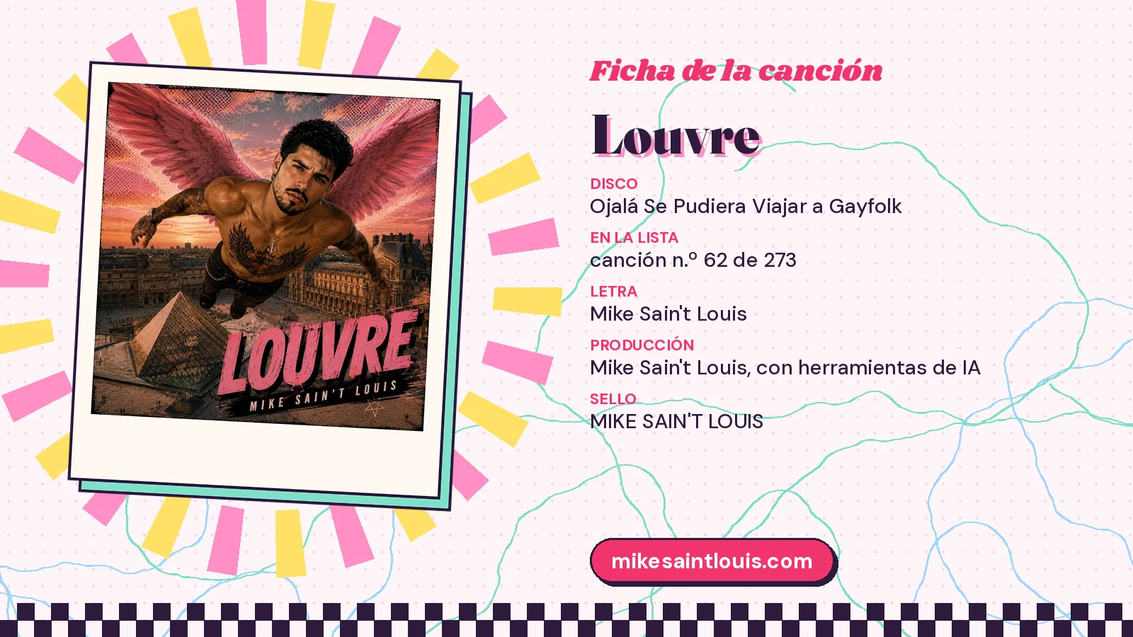 Ficha de la canción «Louvre» con su carátula: disco «Ojalá Se Pudiera Viajar a Gayfolk», letra y producción de Mike Sain't Louis