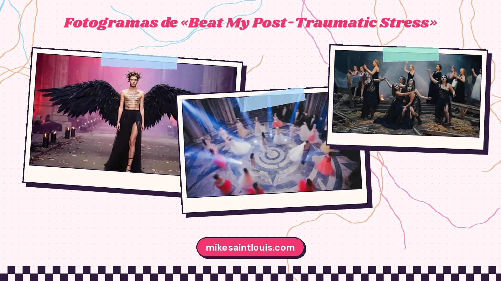 Fotogramas del videoclip de «Beat My Post-Traumatic Stress»: un chico con alas negras y corona en un pasillo de velas, bailarinas girando sobre un suelo en forma de laberinto y mujeres de negro bailando entre escombros