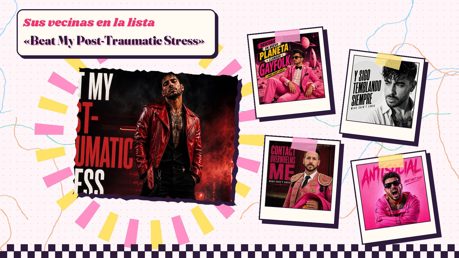 Collage con la carátula de «Beat My Post-Traumatic Stress», un hombre con chaqueta roja ante fondo negro y rojo, junto a las carátulas de «Descubierto un nuevo planeta llamado Gayfolk», «Y sigo temblando siempre», «Contact Overwhelms Me» y «Antisocial»