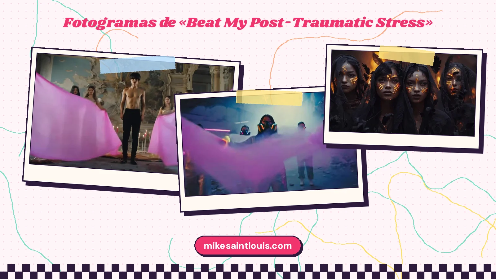 Más fotogramas de «Beat My Post-Traumatic Stress»: un chico sin camisa entre dos telas fucsia en un salón en ruinas, figuras con máscaras de gas tras una tela rosa y cuatro rostros con velo y trazos dorados