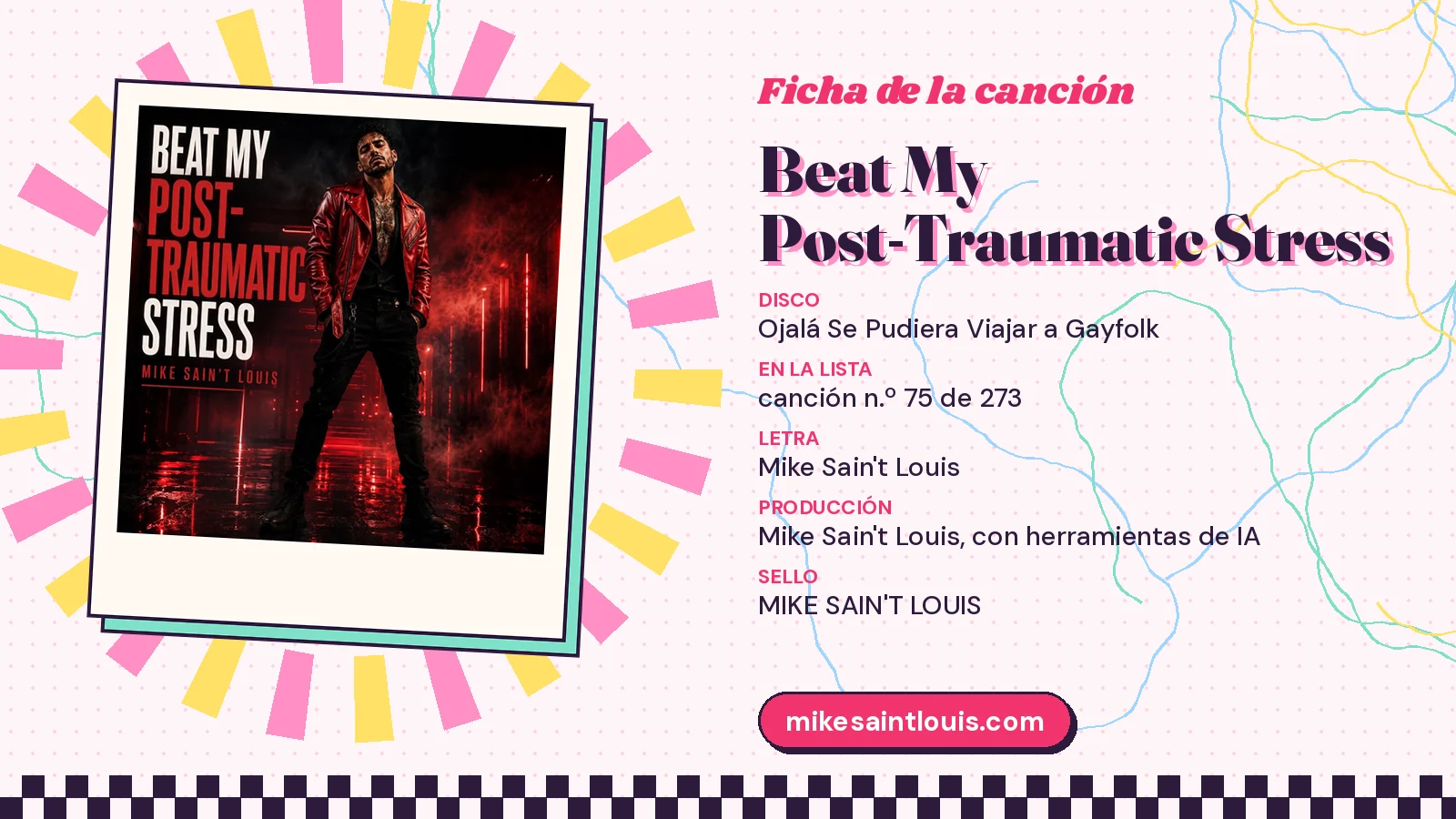 Ficha de «Beat My Post-Traumatic Stress» con su carátula roja y negra enmarcada, datos de letra y producción de Mike Sain't Louis