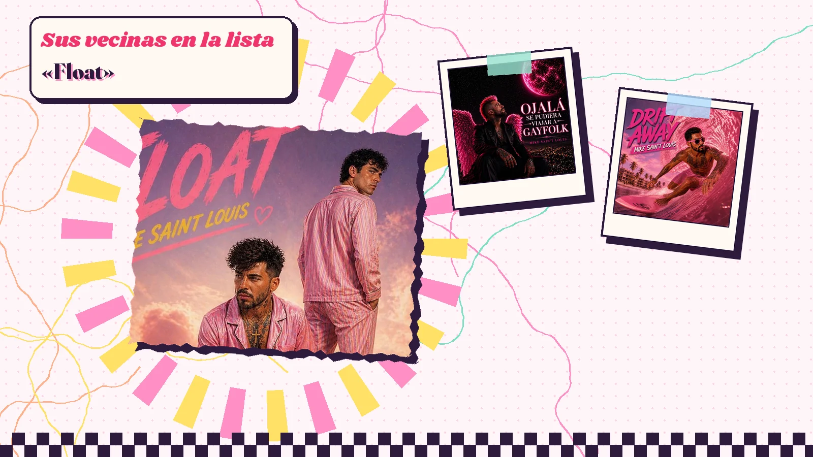 Collage con un detalle de la carátula de «Float» y las carátulas de «Ojalá se pudiera viajar a Gayfolk», «Drift Away»