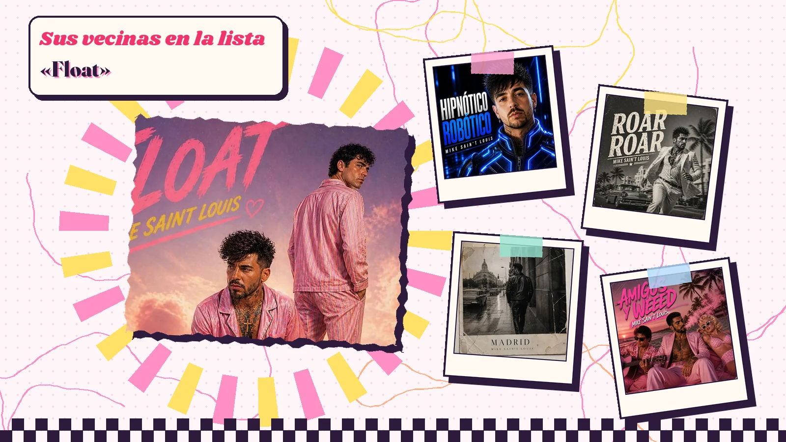 Collage con un detalle de la carátula de «Float» y las carátulas de «Hipnótico Robótico», «Roar Roar», «Madrid», «Amigos y Weed»