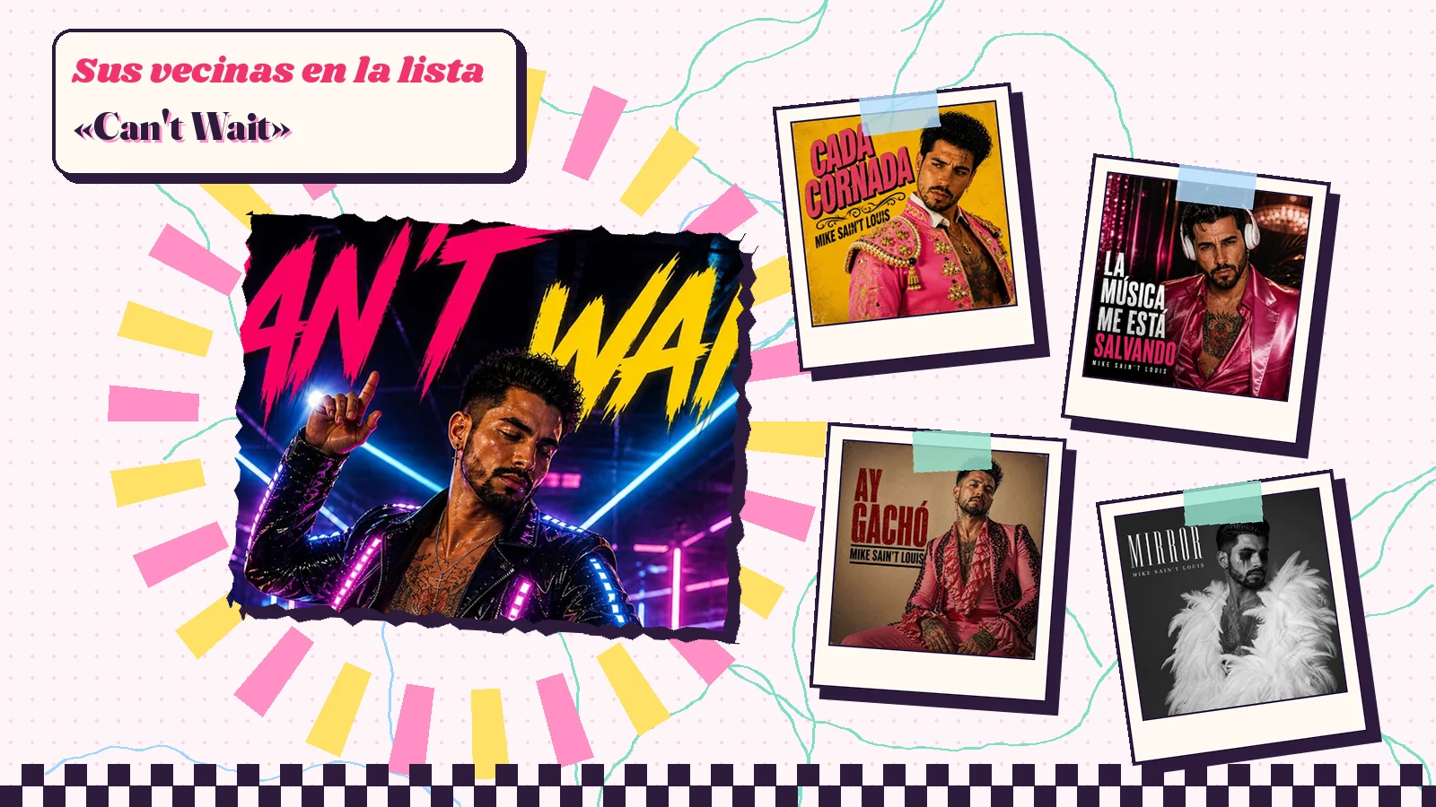 La portada de «Can't Wait», un chico con chaqueta de luces bailando en un pasillo de neón, junto a las de «Cada cornada», «La música me está salvando», «Ay, gachó» y «Mirror»