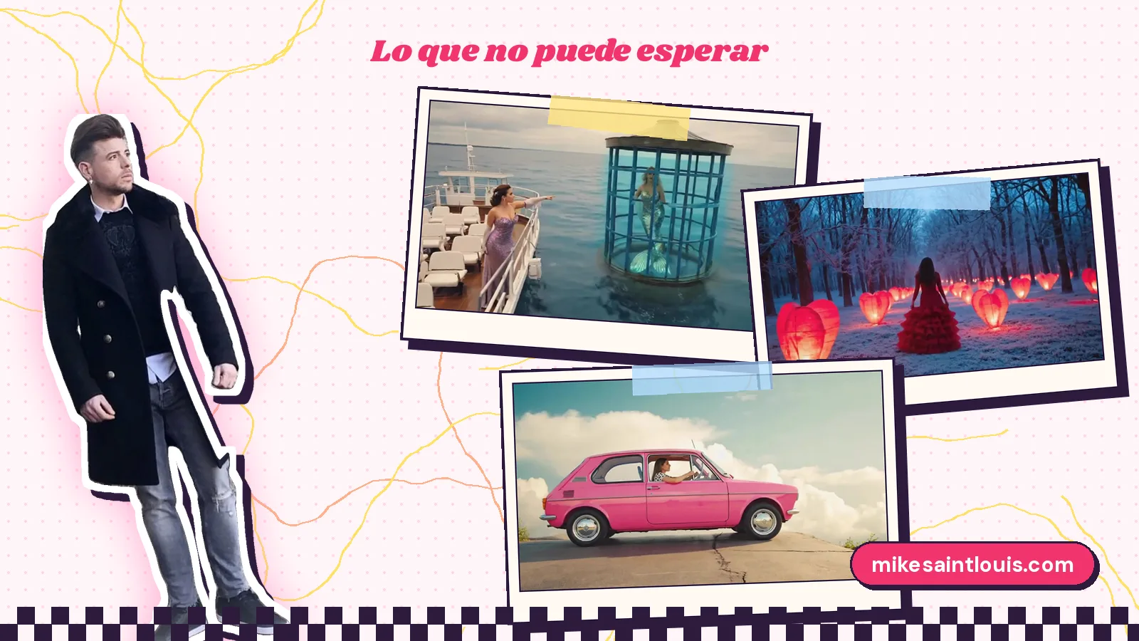 Mike Sain't Louis con abrigo negro junto a tres escenas del videoclip de «Can't Wait»: una sirena en una jaula en el mar, faroles de corazón en un bosque nevado y un coche rosa entre nubes