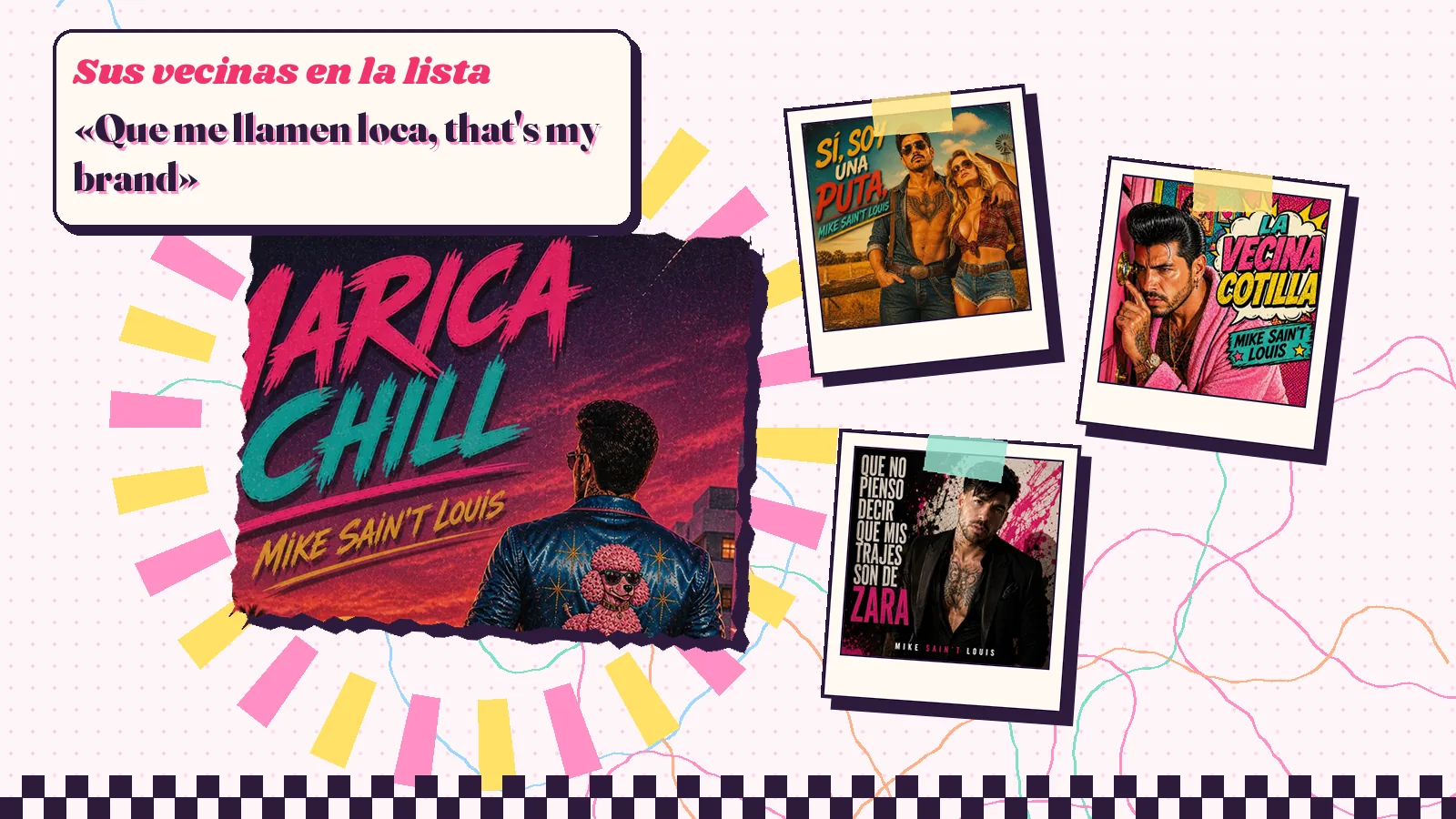 Collage con un detalle de la carátula de «Marica chill» y las carátulas de «Sí, soy una puta», «La vecina cotilla», «¡Que no pienso decir que mis trajes son de Zara!»