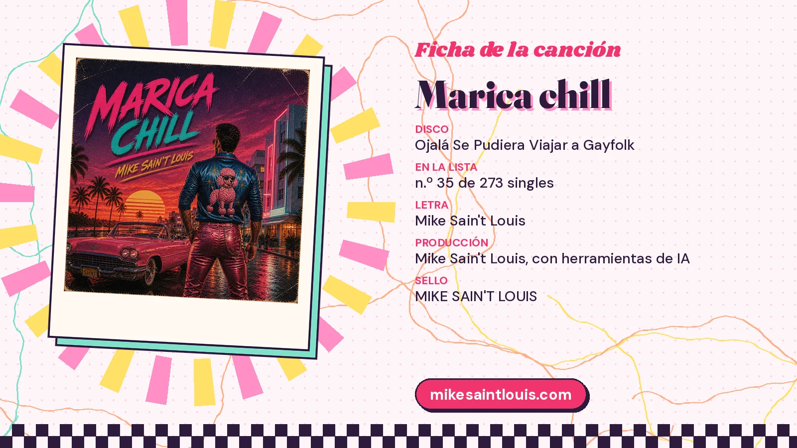 Ficha de la canción «Marica chill» con su carátula: disco «Ojalá Se Pudiera Viajar a Gayfolk», letra y producción de Mike Sain't Louis