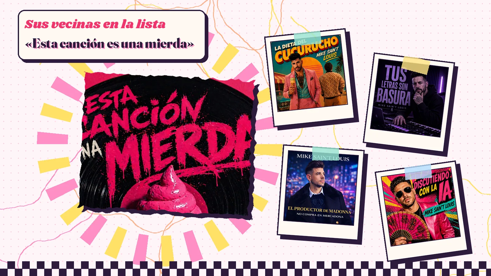 Collage con un detalle de la carátula de «Esta canción es una mierda» y las carátulas de «La Dieta del Cucurrucho», «Tus letras son basura», «El productor de Madonna no compra en Mercadona», «Discutiendo con la IA»
