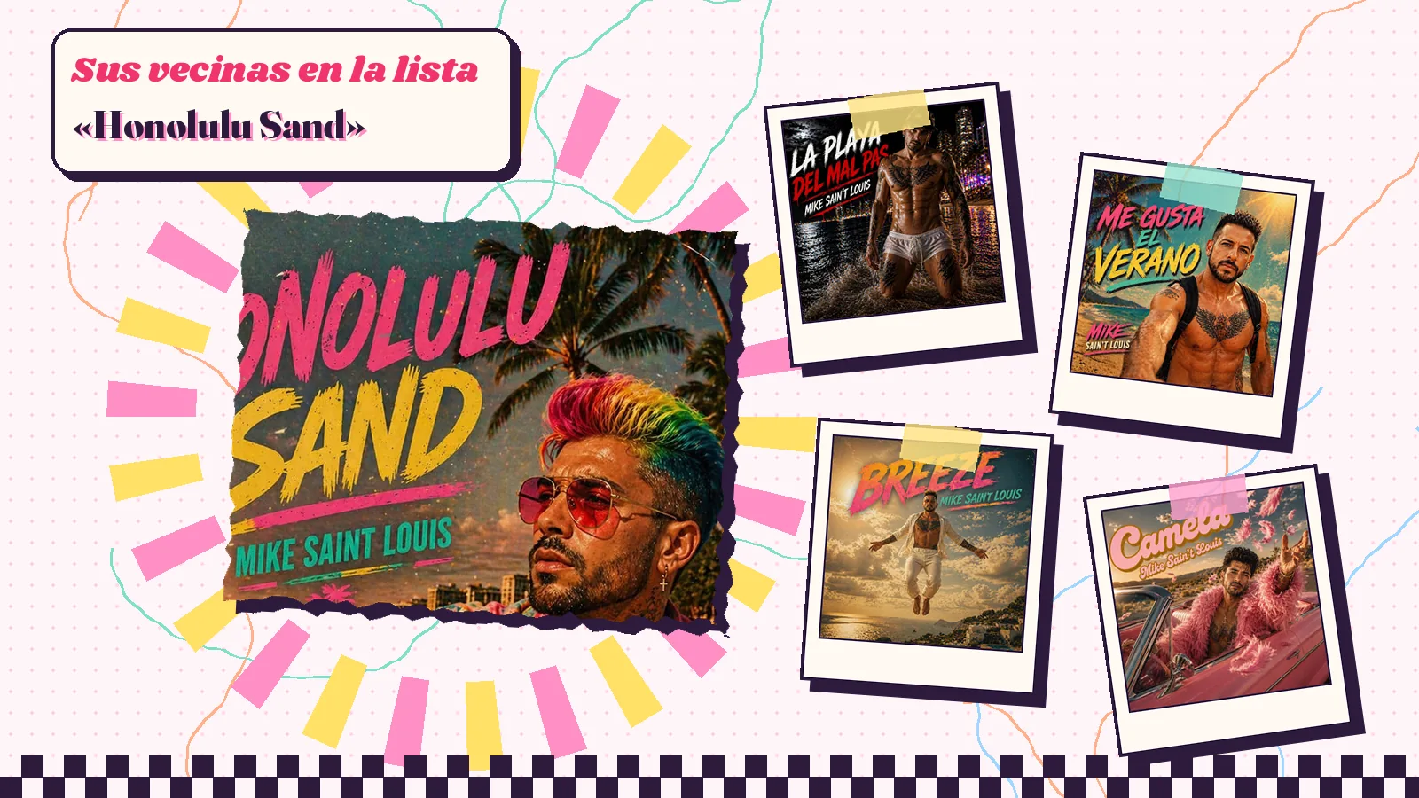 Collage with a detail of the «Honolulu Sand» cover art and the covers of «La playa del Mal Pas», «Me gusta el verano», «Breeze» and «Camela»