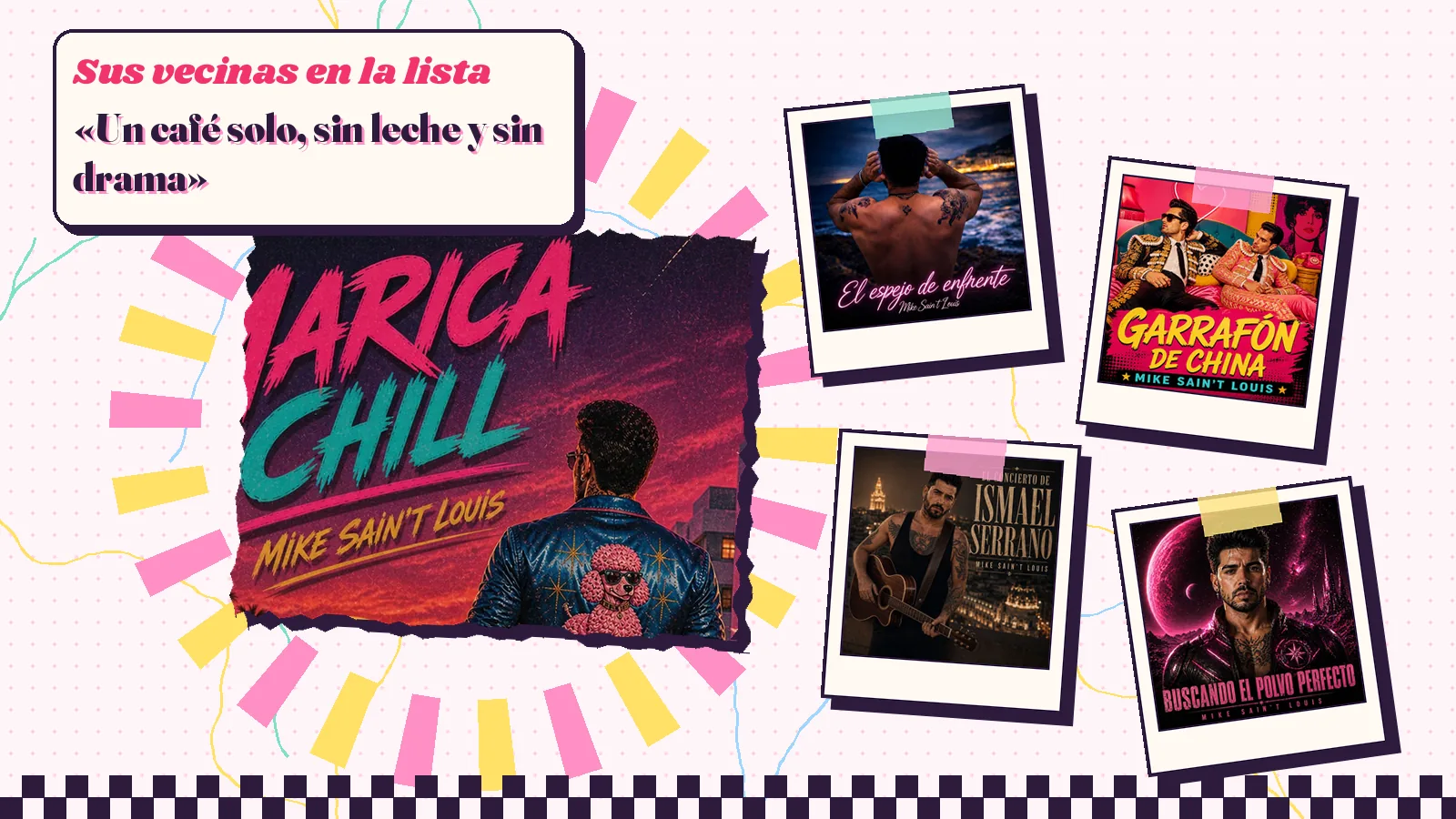 Collage with a detail of the «Marica chill» cover art and the covers of «El espejo de enfrente», «Garrafón de China», «El concierto de Ismael Serrano» and «Buscando el polvo perfecto»
