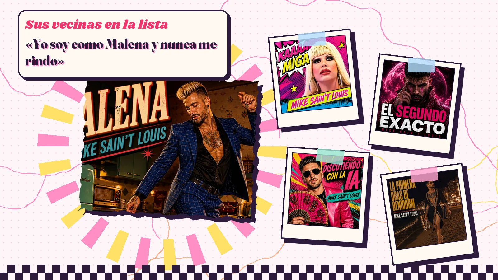 Collage con un detalle de la carátula de «Malena» y las carátulas de «Kaaa Miga», «El segundo exacto», «Discutiendo con la IA», «La primera drag de Benidorm»