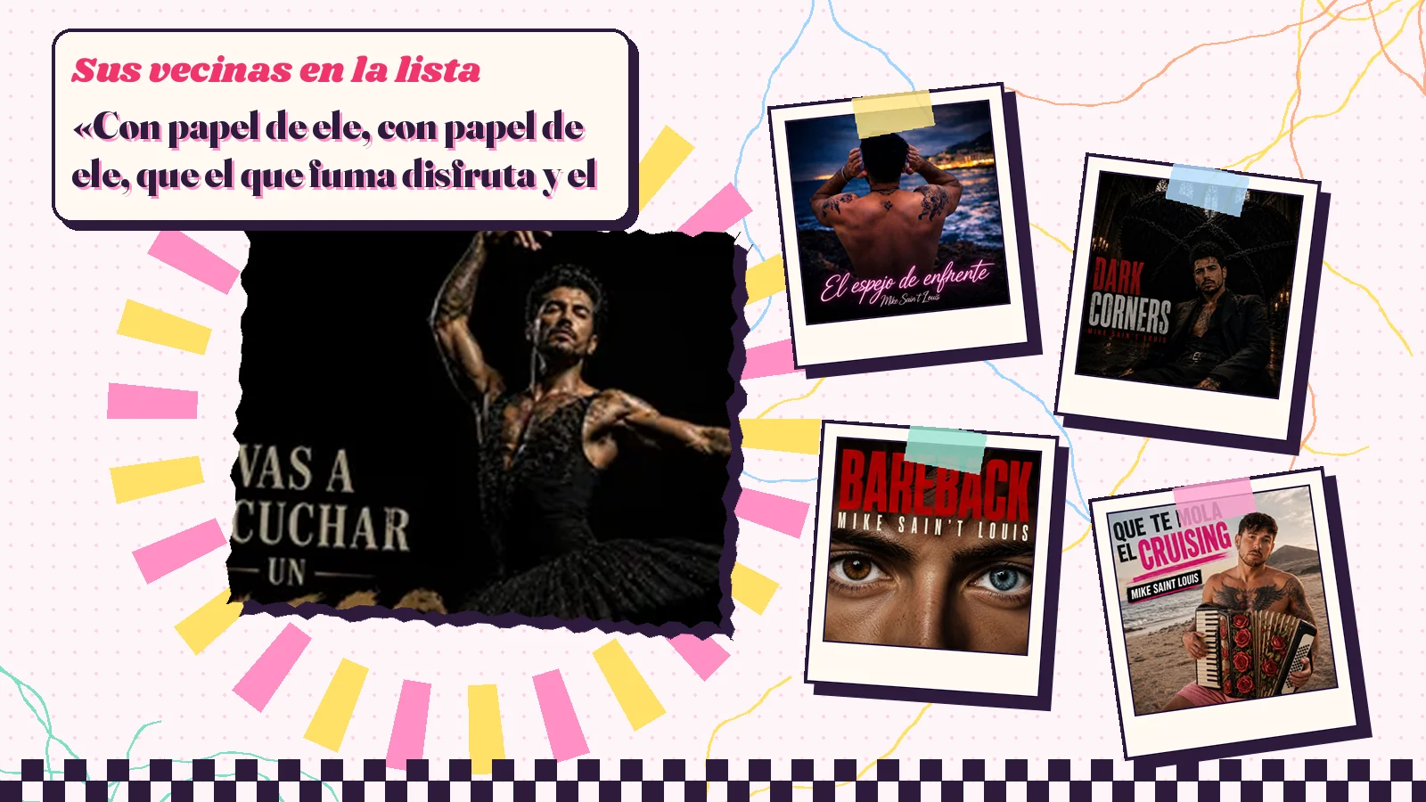 Collage with a detail of the «Vas a escuchar un disco muy raro» cover art and the covers of «El espejo de enfrente», «Dark Corners», «Bareback» and «Que te mola el cruising»