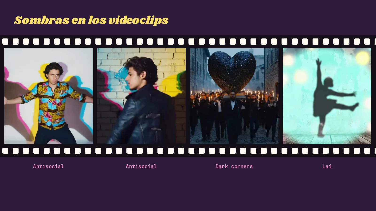 Tira de película con cuatro fotogramas de videoclips de Mike Sain't Louis: un chico con camisa de flores ante una pared blanca con sombras de colores y otro con chaqueta de cuero junto a un muro azul y amarillo en «Antisocial», una procesión nocturna con velas bajo un gran corazón negro en «Dark corners» y la sombra de una bailarina sobre una pared en «Lai»