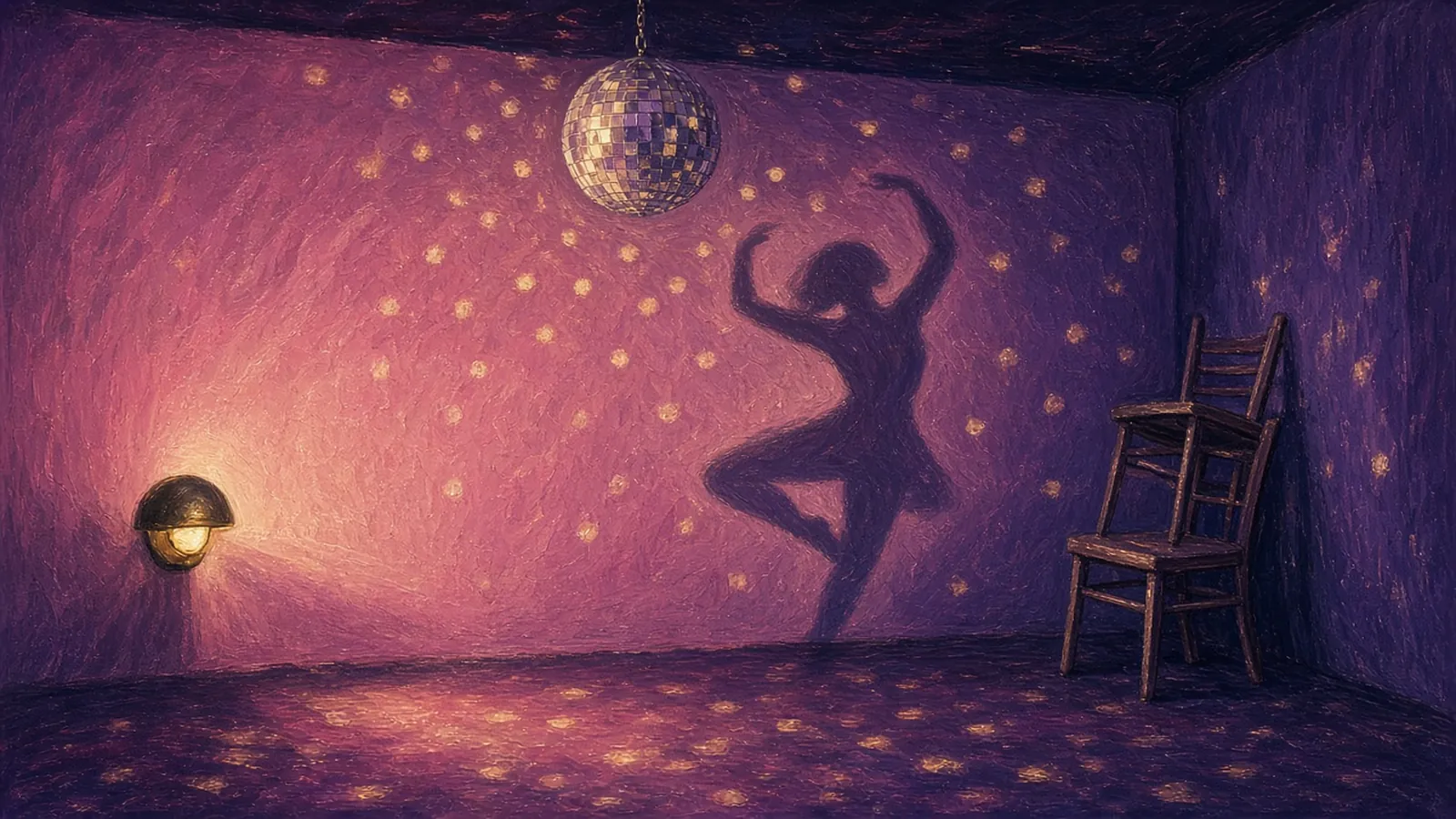 Ilustración pintada de un rincón vacío de discoteca con paredes moradas: una bola de espejos llena la pared de puntos dorados, un aplique ilumina desde abajo, hay dos sillas apiladas y en la pared se proyecta la sombra de una bailarina con los brazos en alto, sin ninguna persona a la vista