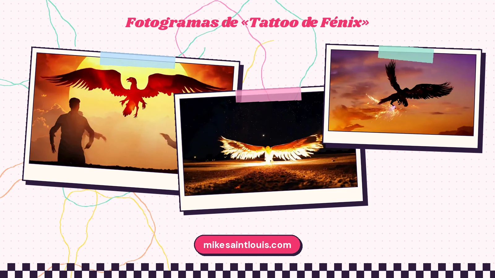Tres fotogramas del videoclip de «Tattoo de Fénix»: un fénix rojo ante un sol enorme con dos siluetas de espaldas, un pájaro de llamas a ras de una llanura nocturna y un ave oscura sobre un cielo naranja y morado