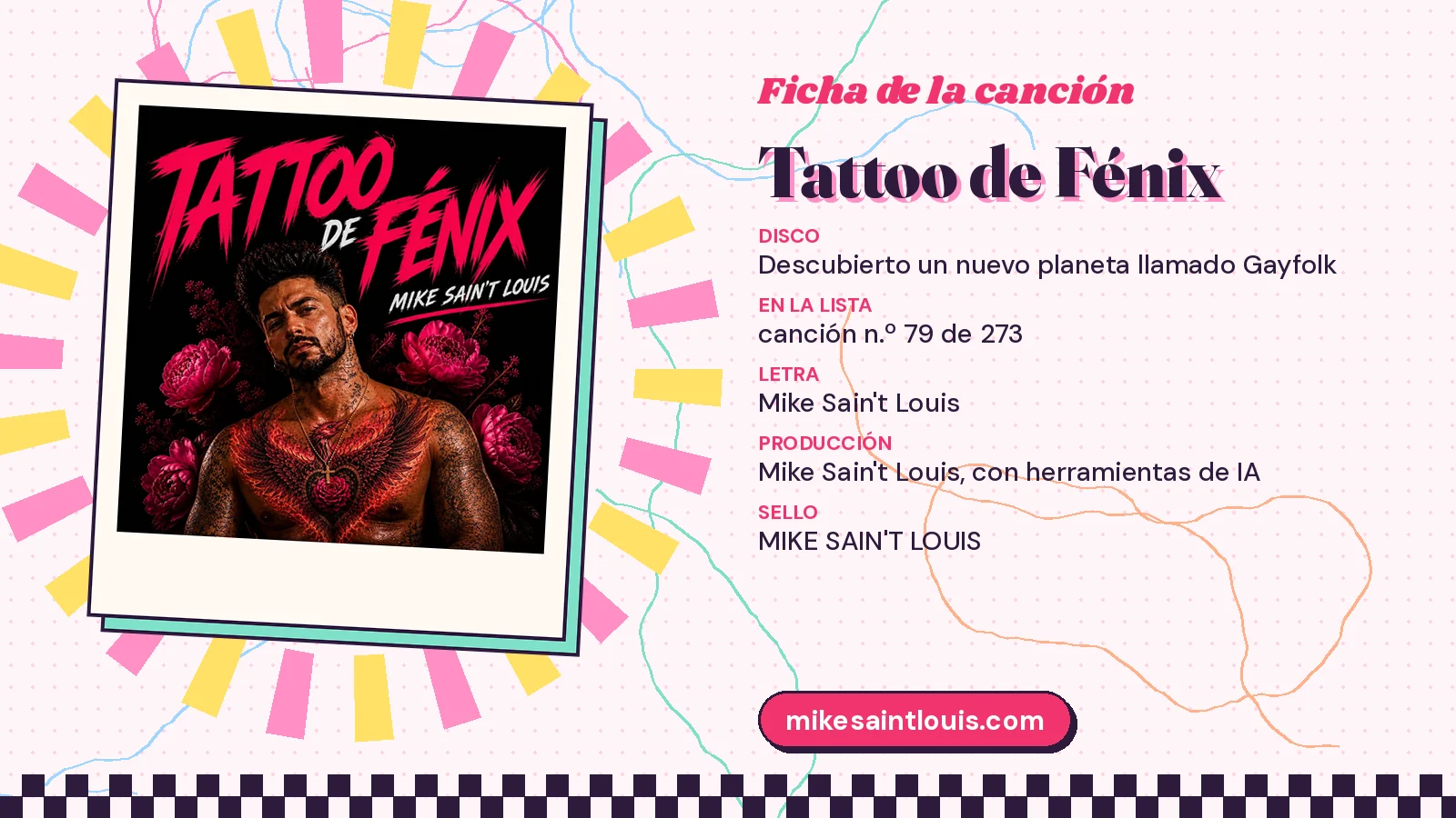 Ficha de «Tattoo de Fénix», del disco «Descubierto un nuevo planeta llamado Gayfolk», con su carátula de letras rojas y rosas enmarcada como una polaroid