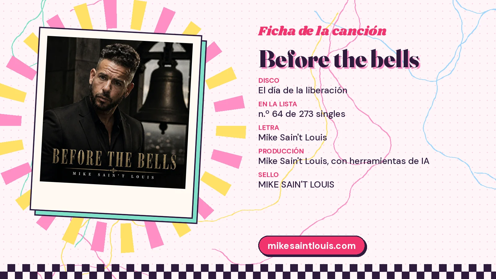 Ficha de la canción «Before the bells» con su carátula: disco «El día de la liberación», letra y producción de Mike Sain't Louis