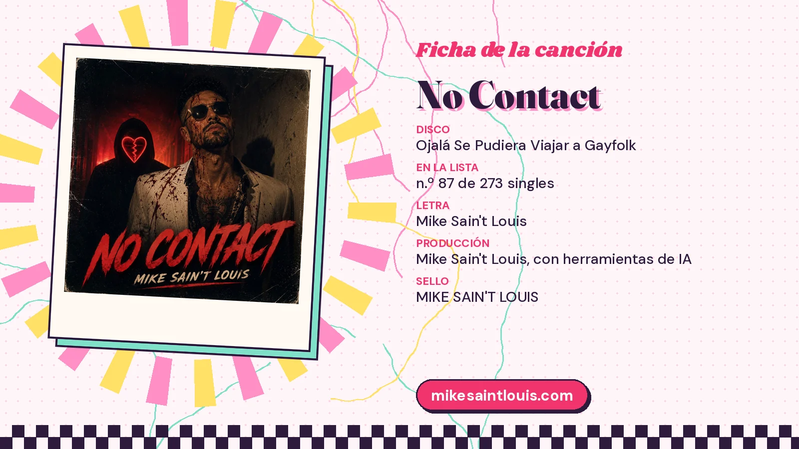 Ficha de la canción «No Contact» con su carátula: disco «Ojalá Se Pudiera Viajar a Gayfolk», letra y producción de Mike Sain't Louis