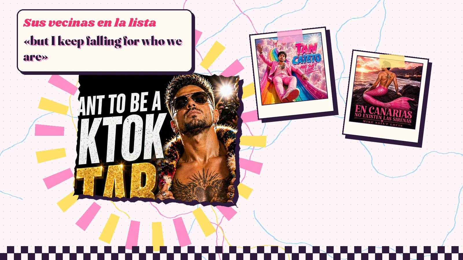 Collage with a detail of the «I Want to Be a TikTok Star» cover art and the covers of «Tan cateto» and «En Canarias No Existen las Sirenas»