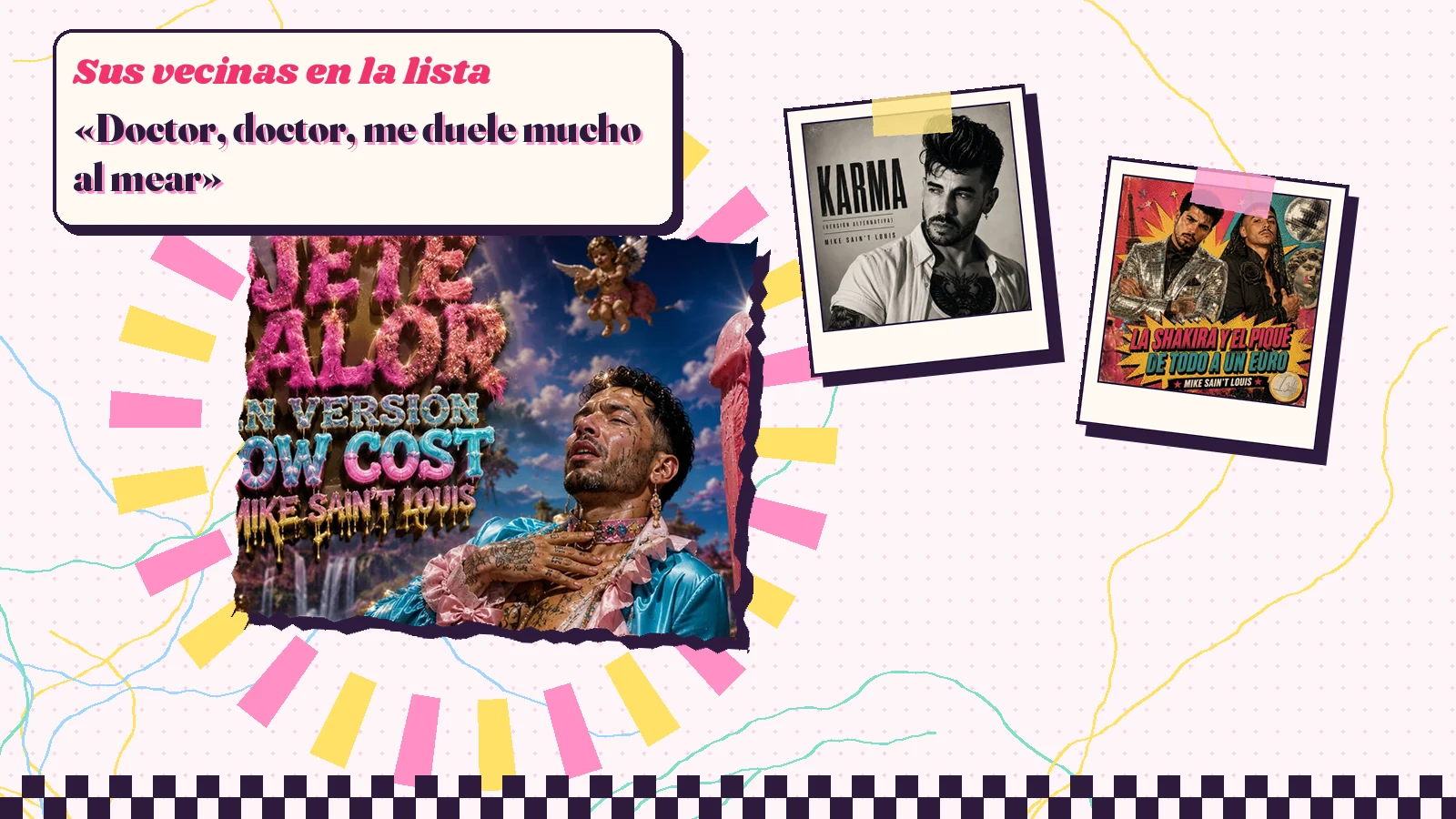 Collage con un detalle de la carátula de «Ojete Calor En Versión Low Cost» y las carátulas de «Karma (Versión Alternativa)», «La shakira y el piqué de todo a 1 euro»