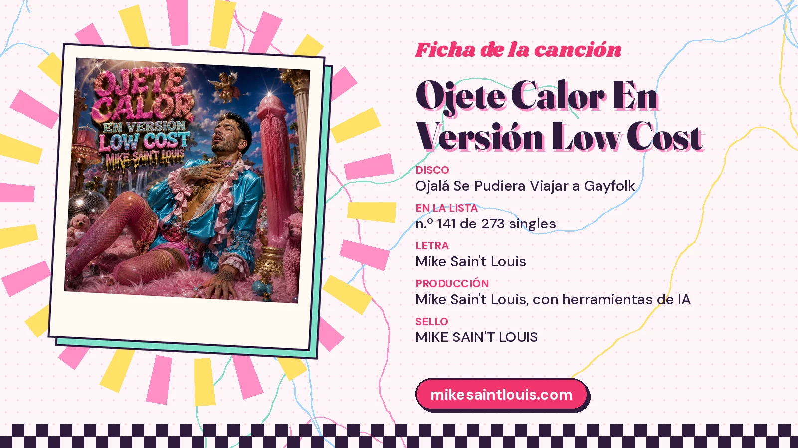 Ficha de la canción «Ojete Calor En Versión Low Cost» con su carátula: disco «Ojalá Se Pudiera Viajar a Gayfolk», letra y producción de Mike Sain't Louis