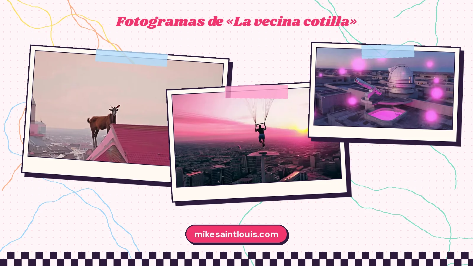 Fotogramas de «La vecina cotilla» y «Contact Overwhelms Me»: una cabra sobre un tejado rosa, un paracaidista sobre la ciudad al atardecer y un observatorio en una azotea con luces rosas