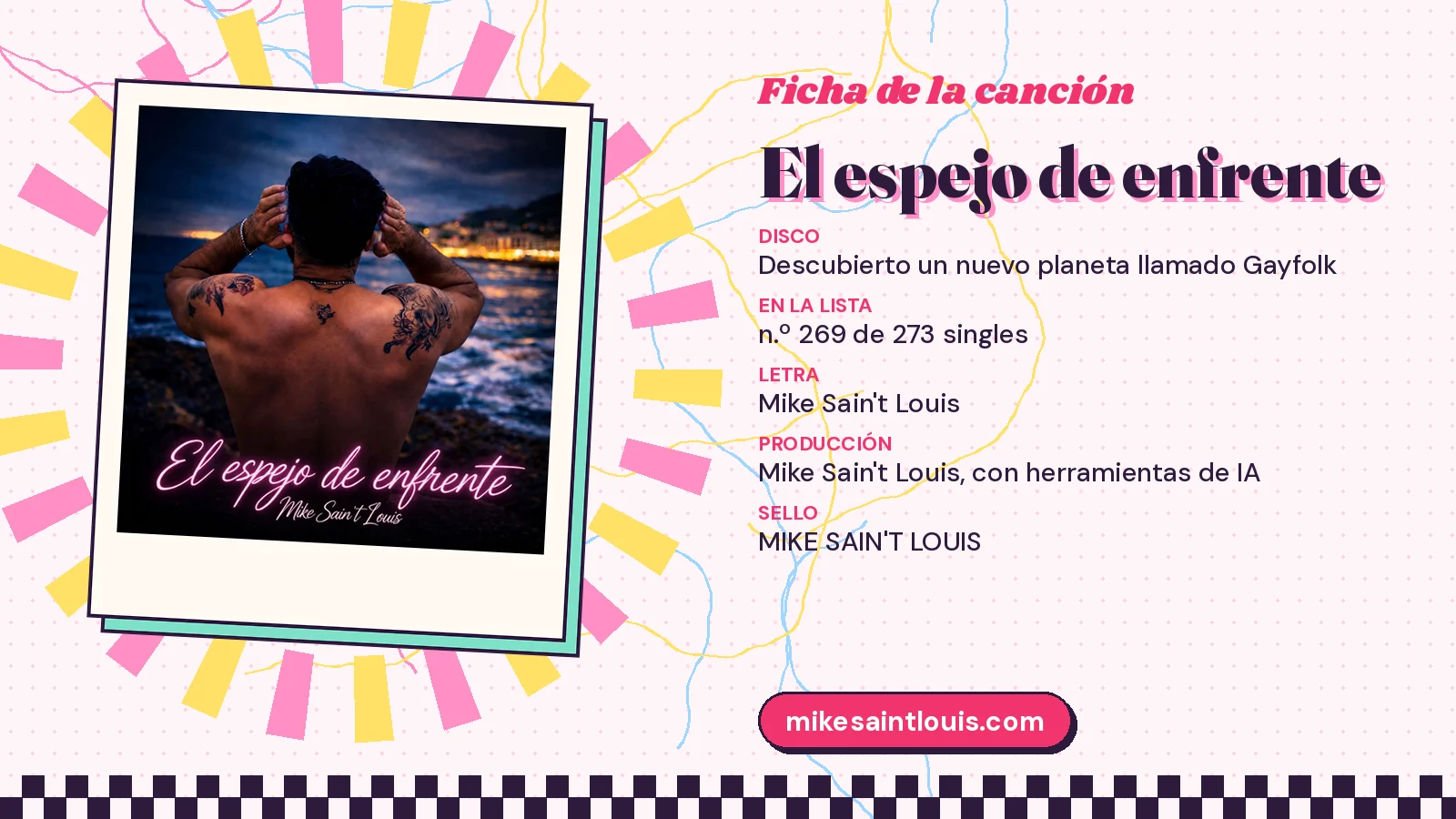 Ficha de la canción «El espejo de enfrente» con su carátula: disco «Descubierto un nuevo planeta llamado Gayfolk», letra y producción de Mike Sain't Louis