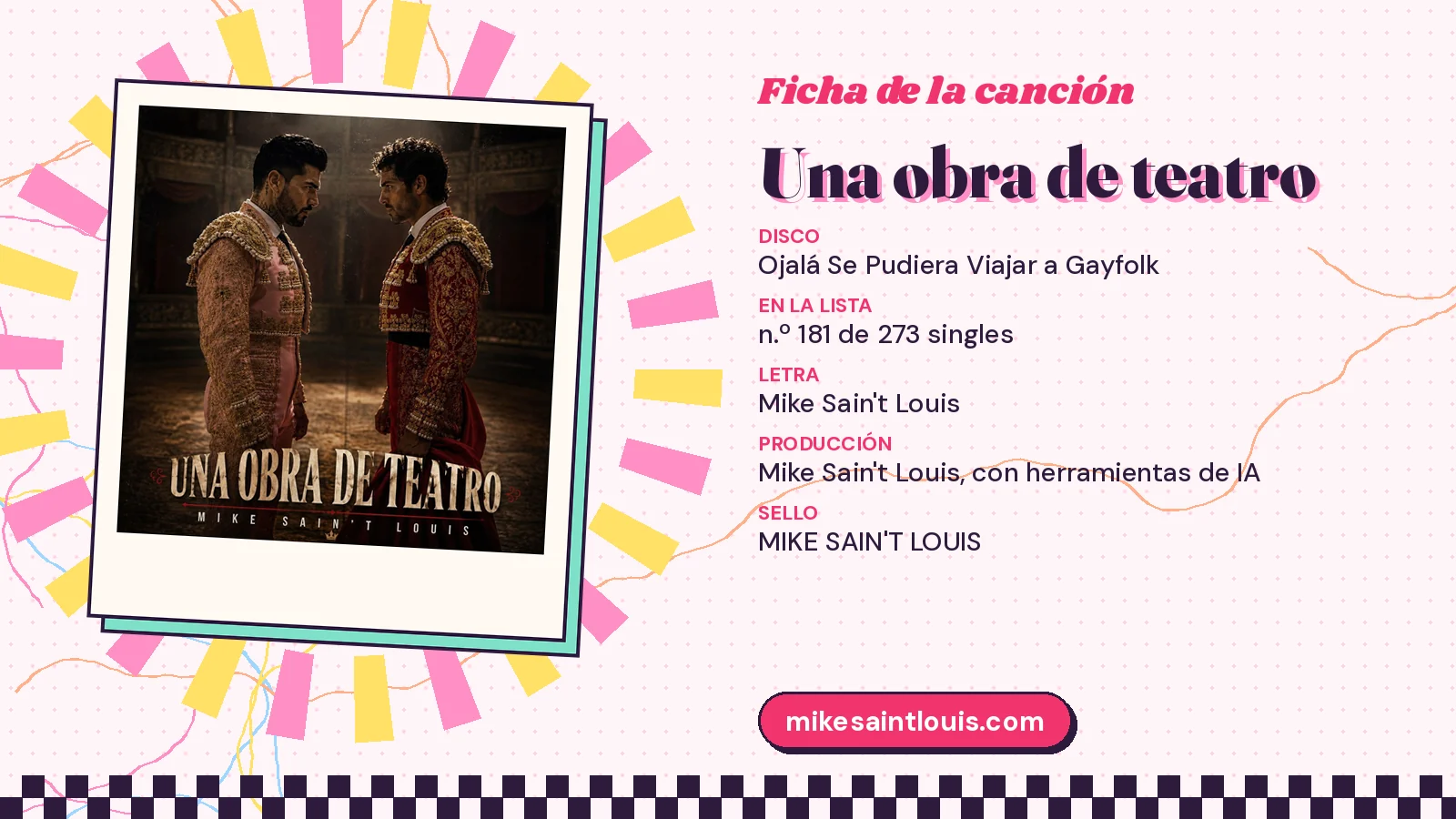Ficha de la canción «Una obra de teatro» con su carátula: disco «Ojalá Se Pudiera Viajar a Gayfolk», letra y producción de Mike Sain't Louis