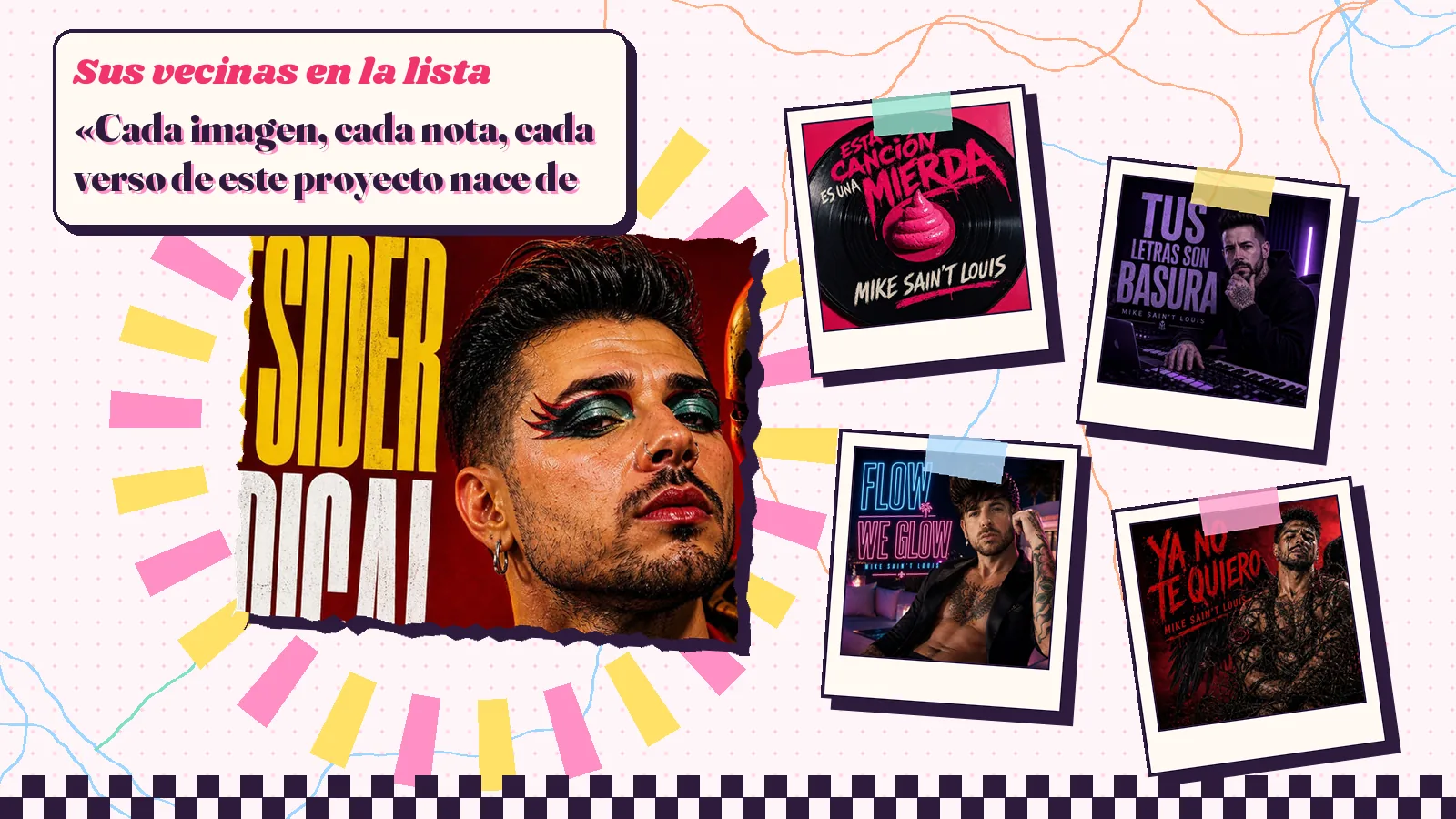 Collage con un detalle de la carátula de «Outsider radical» y las carátulas de «Esta canción es una mierda», «Tus letras son basura», «Flow ⧸ We Glow», «Ya no te quiero»