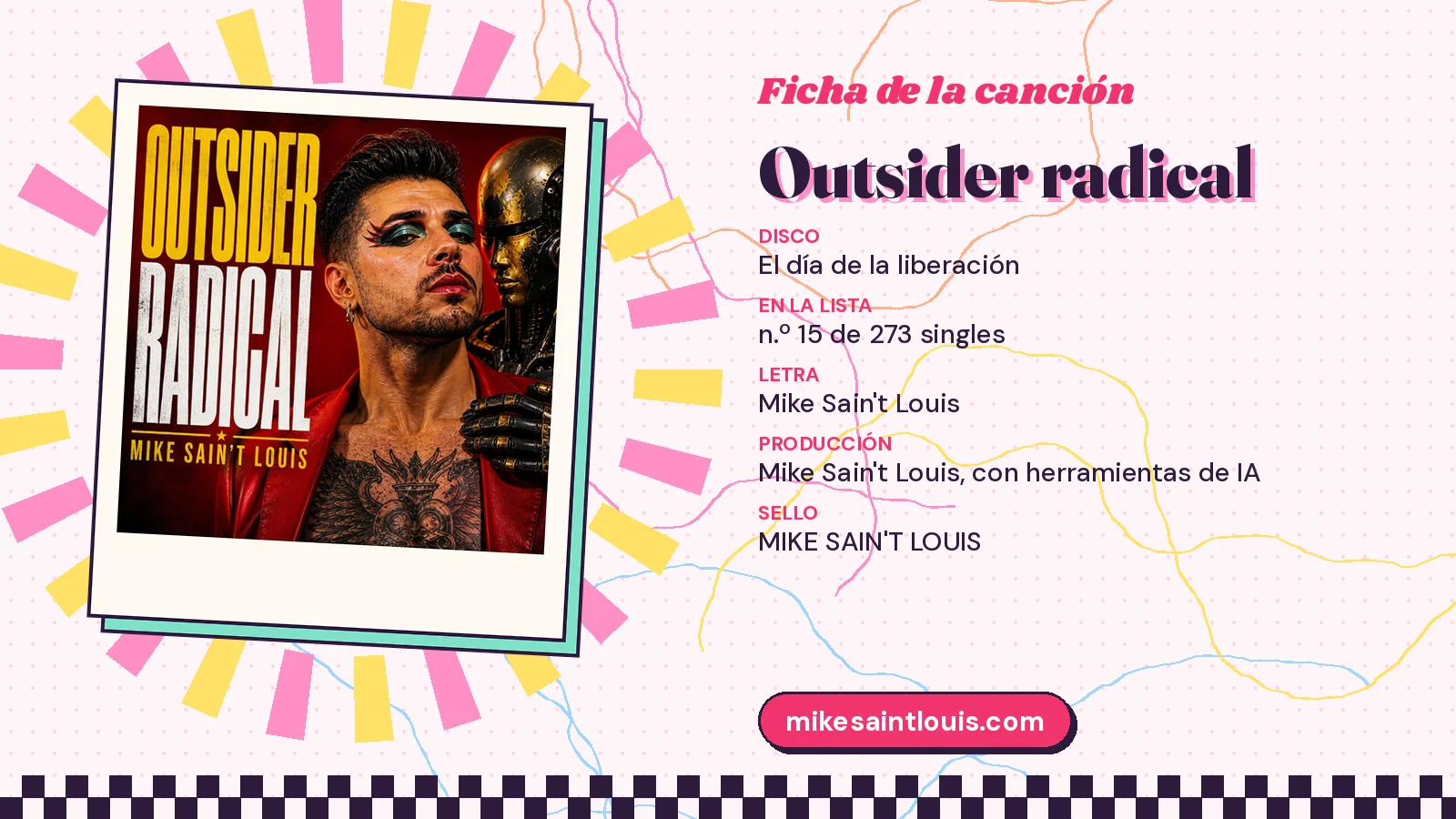 Ficha de la canción «Outsider radical» con su carátula: disco «El día de la liberación», letra y producción de Mike Sain't Louis