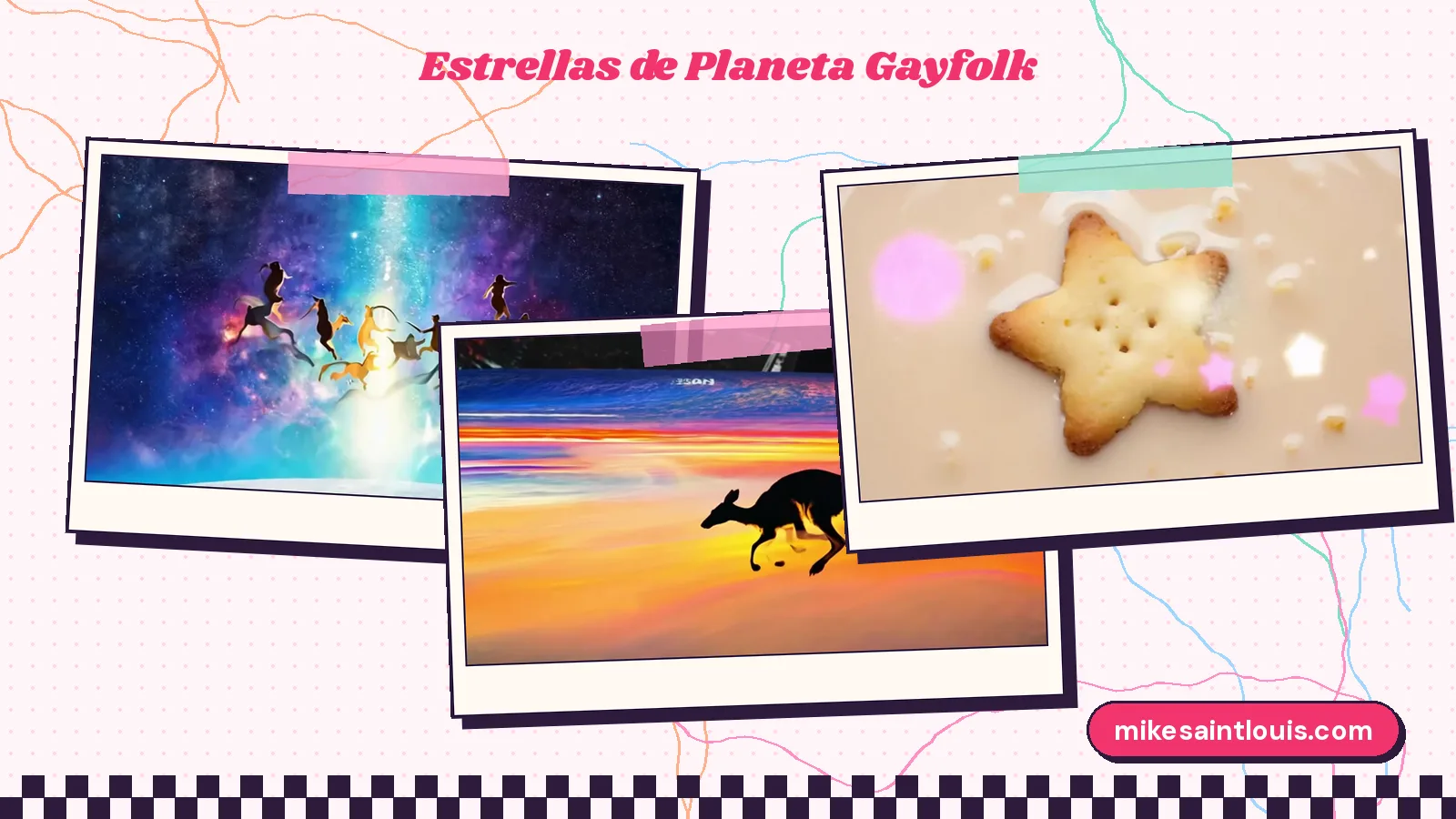 Tres imágenes de Planeta Gayfolk: canguros y siluetas diminutas flotando en una galaxia sobre la luna y la silueta de un canguro saltando ante un atardecer, del videoclip de «Canguros», y una galleta con forma de estrella de «Lai»