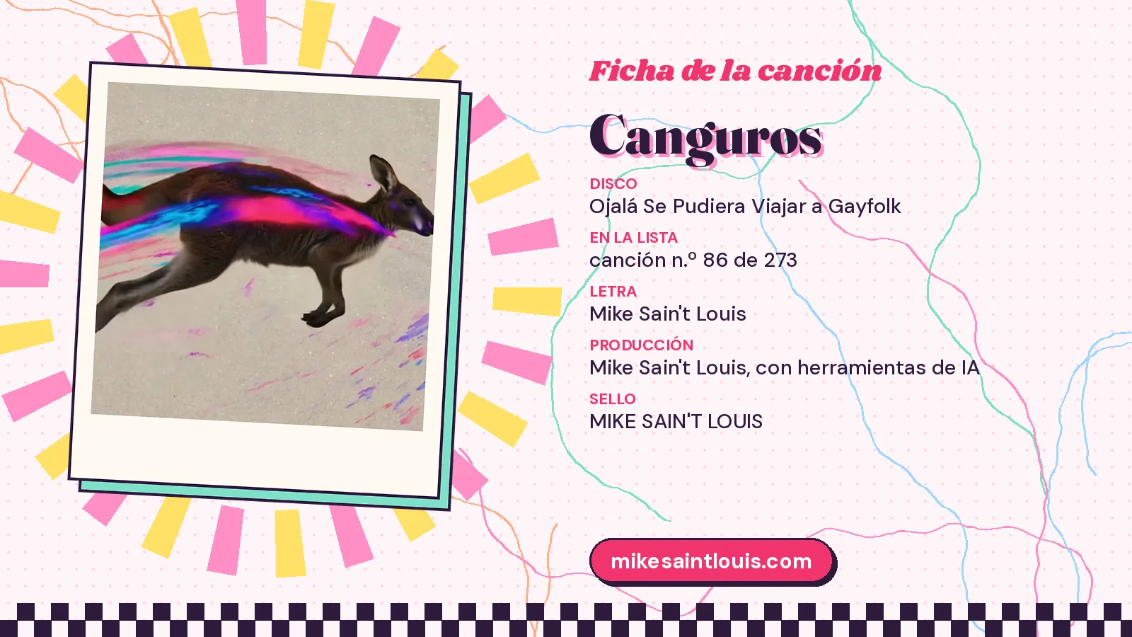 Ficha de la canción «Canguros» con un fotograma del videoclip, un canguro de perfil saltando atravesado por pinceladas de neón: disco «Ojalá Se Pudiera Viajar a Gayfolk», n.º 86 de 273, letra y producción de Mike Sain't Louis