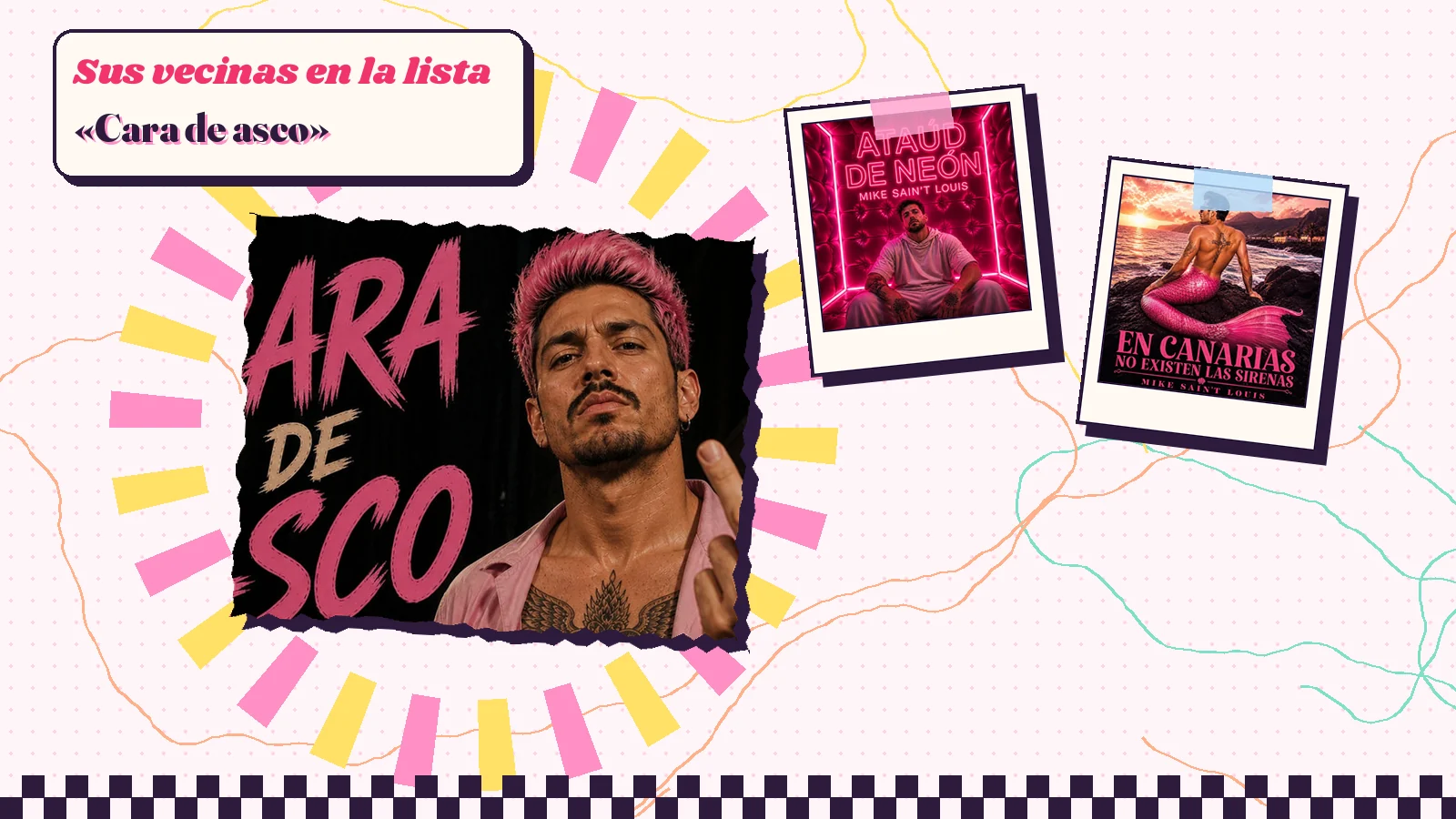 Collage con un detalle de la carátula de «Cara de asco» y las carátulas de «Ataúd de neón», «En Canarias No Existen las Sirenas»