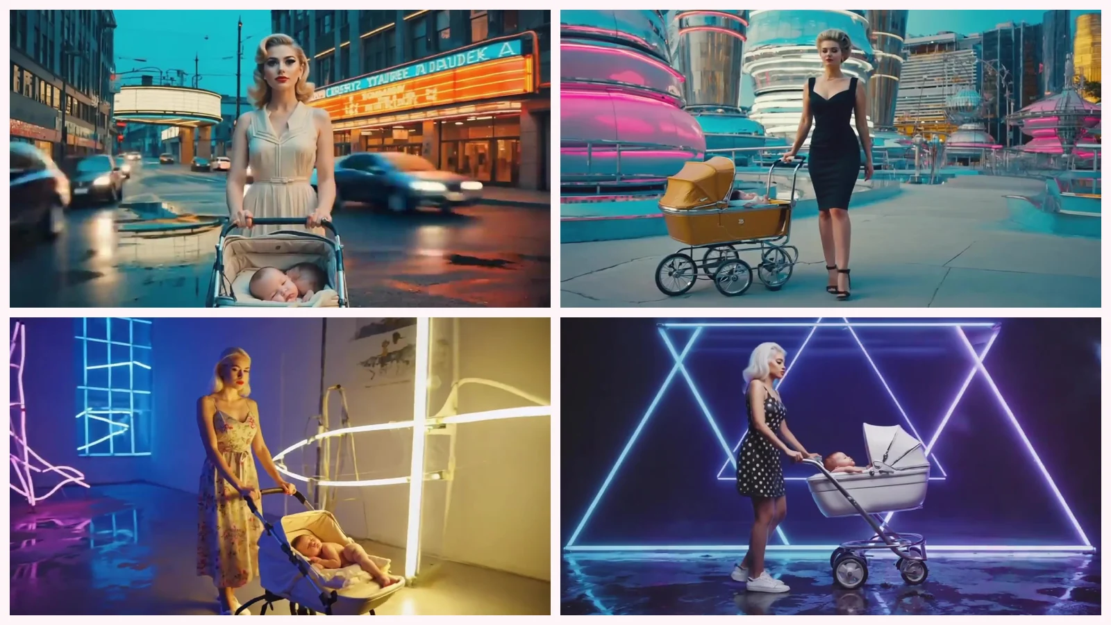 Mosaico de cuatro fotogramas del videoclip de «No me despiertes al niño»: mujeres con vestidos de los años cincuenta empujan carritos por una calle mojada, una plaza futurista, una sala de tubos amarillos y un triángulo de neón