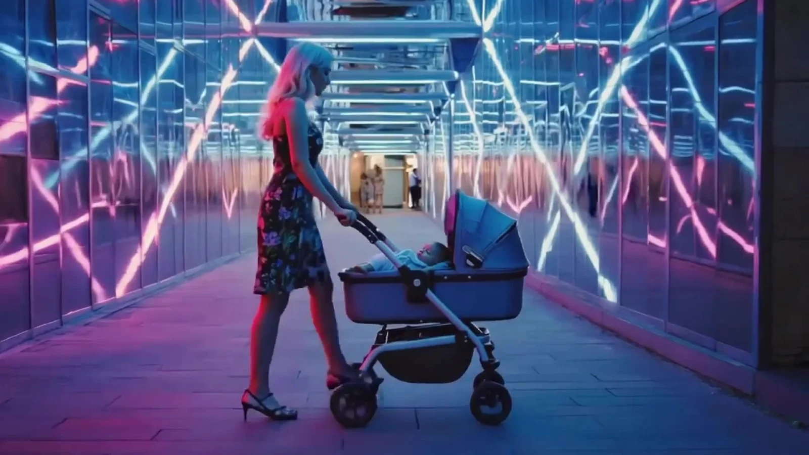 Fotograma del videoclip de «No me despiertes al niño»: una mujer con vestido estampado empuja un carrito oscuro entre líneas de neón rosas y moradas