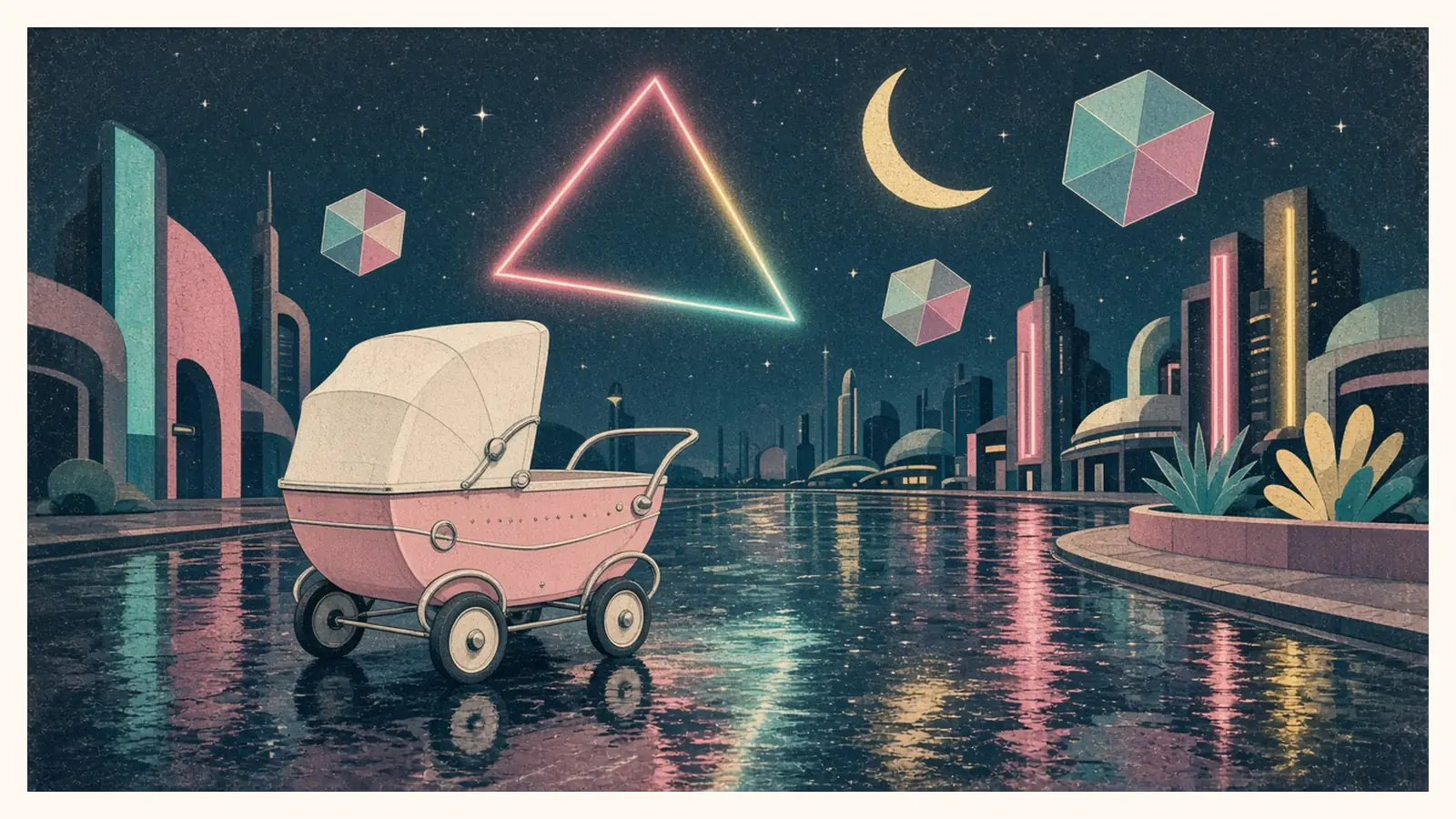 Ilustración sin personas: un carrito de bebé rosa de los años cincuenta aparcado en una calle mojada de una ciudad retrofuturista, con un triángulo de neón, cubos flotantes y luna creciente