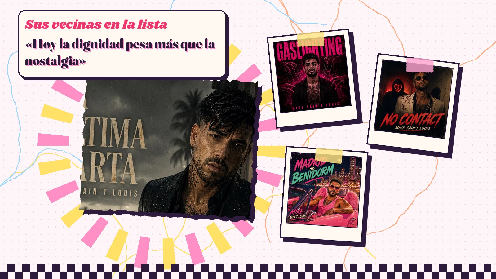 Collage with a detail of the «La última carta» cover art and the covers of «Gaslighting», «No Contact» and «Madrid to Benidorm»