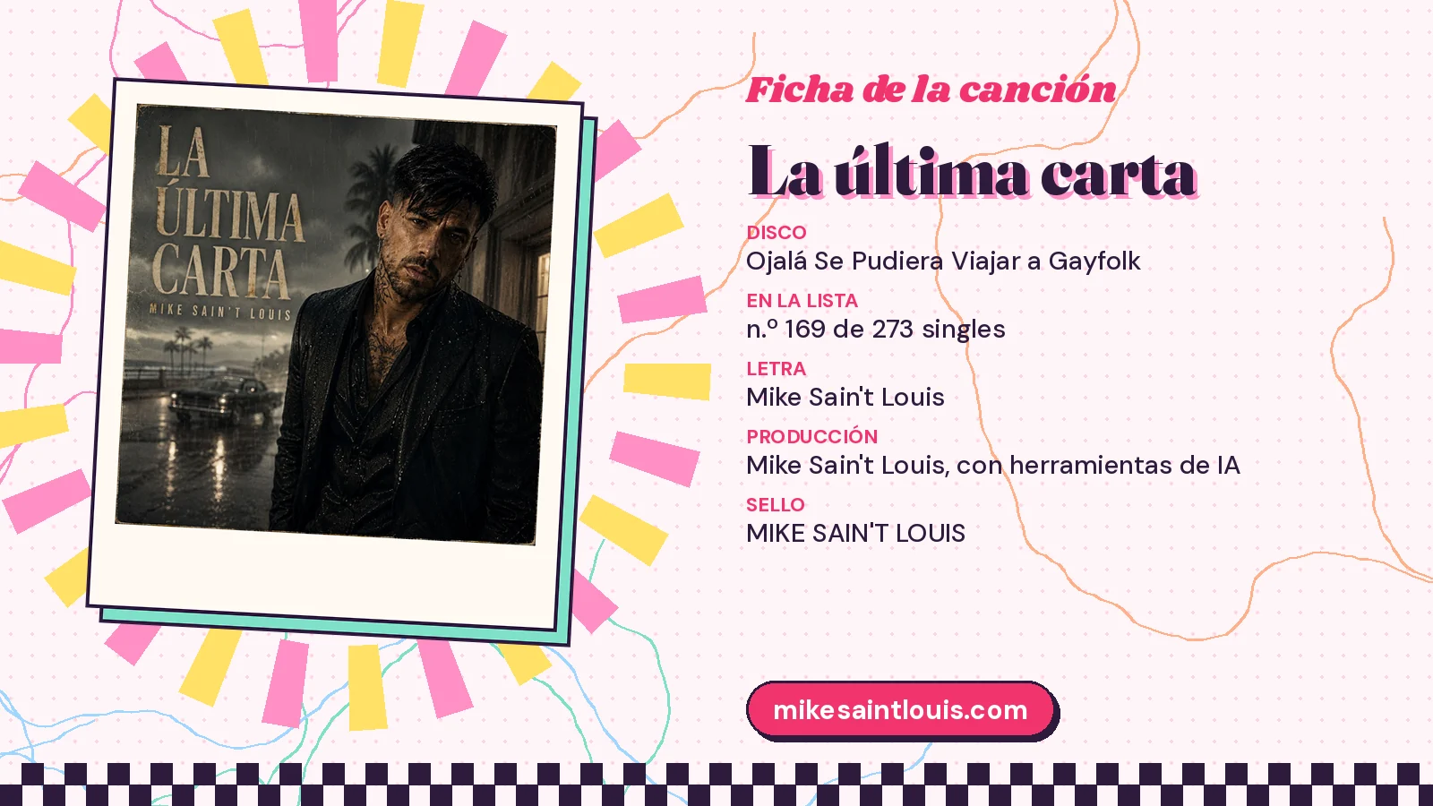 Song card for «La última carta» with its cover art: from the album «Ojalá Se Pudiera Viajar a Gayfolk», lyrics and production by Mike Sain't Louis