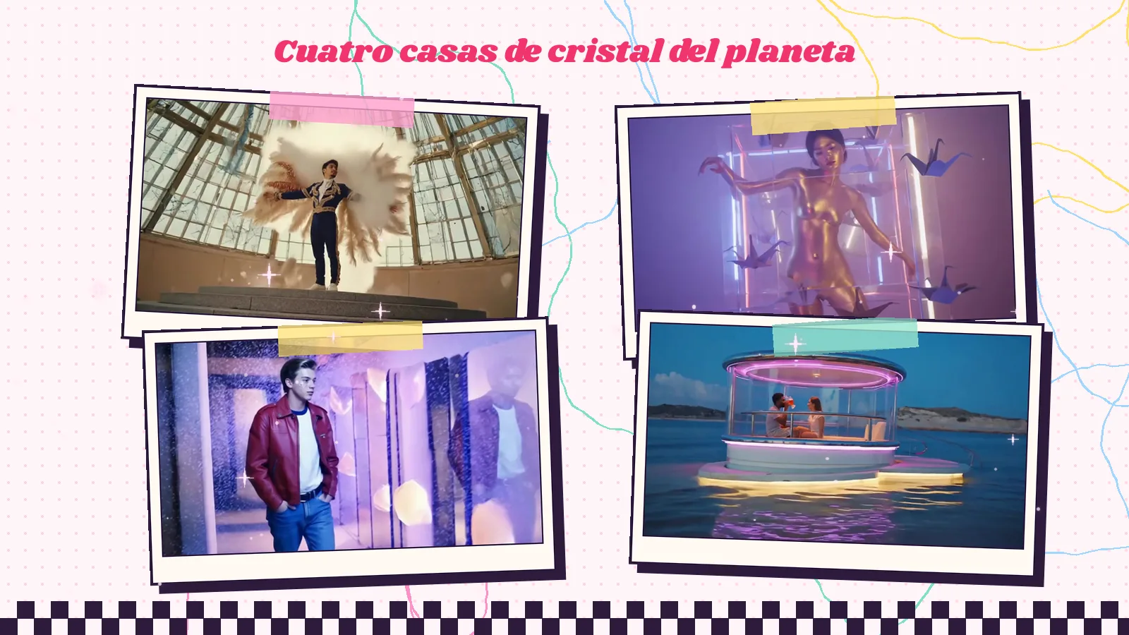 Cuatro casas de cristal de los videoclips de Mike Sain't Louis: la cúpula del torero alado, el cubo con grullas de papel, el pasillo de espejos del chico de chaqueta roja y la cápsula de neón en el mar