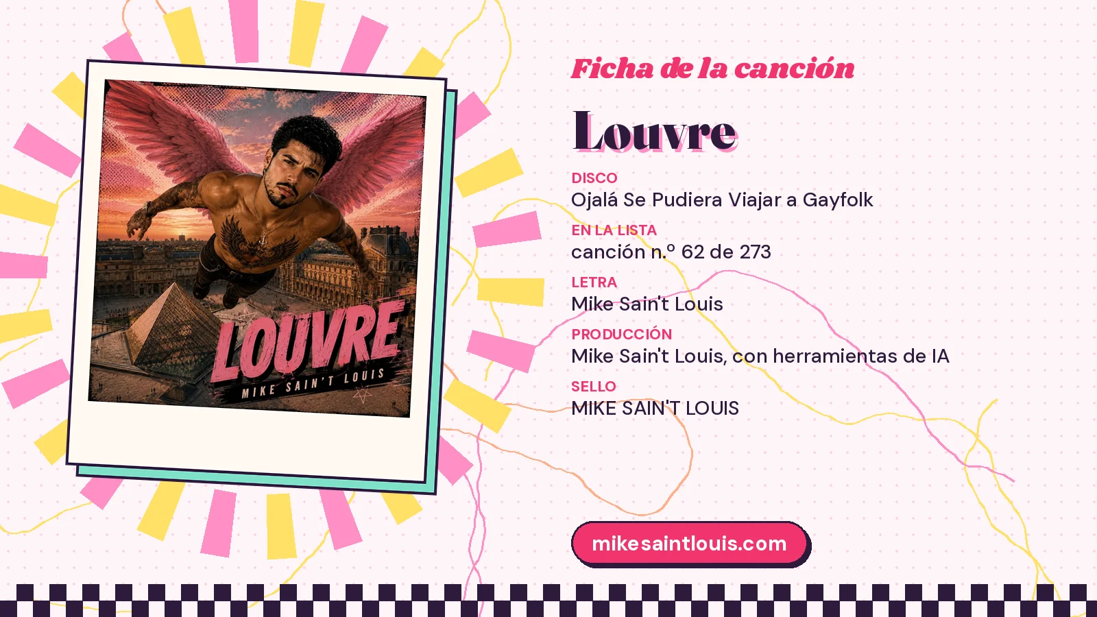 Ficha de «Louvre» con su carátula: disco «Ojalá se pudiera viajar a Gayfolk», canción 62 de 273, letra y producción de Mike Sain't Louis