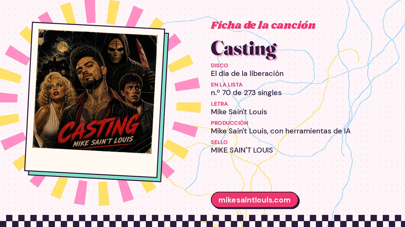 Ficha de la canción «Casting» con su carátula: disco «El día de la liberación», letra y producción de Mike Sain't Louis