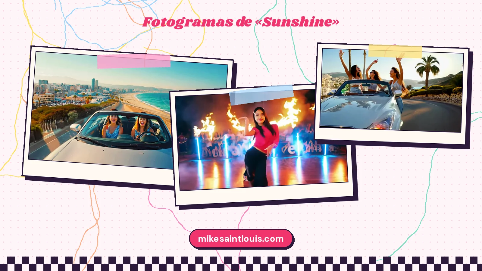 Tres fotogramas del videoclip de «Sunshine»: dos chicas en un descapotable gris por una avenida de playa, una bailarina de top rojo ante columnas de fuego y el coche con los brazos en alto bajo las palmeras