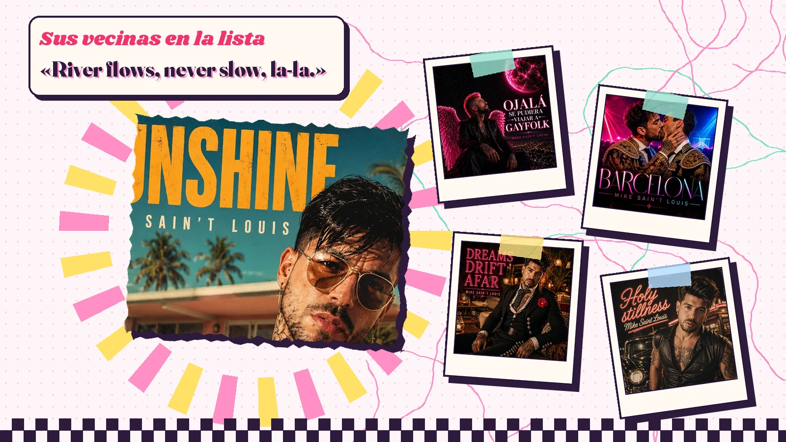 Collage con un detalle de la portada de «Sunshine» y las carátulas de «Barcelona», «Dreams Drift Afar» y «Holy Stillness», con el verso «River flows, never slow, la-la.»